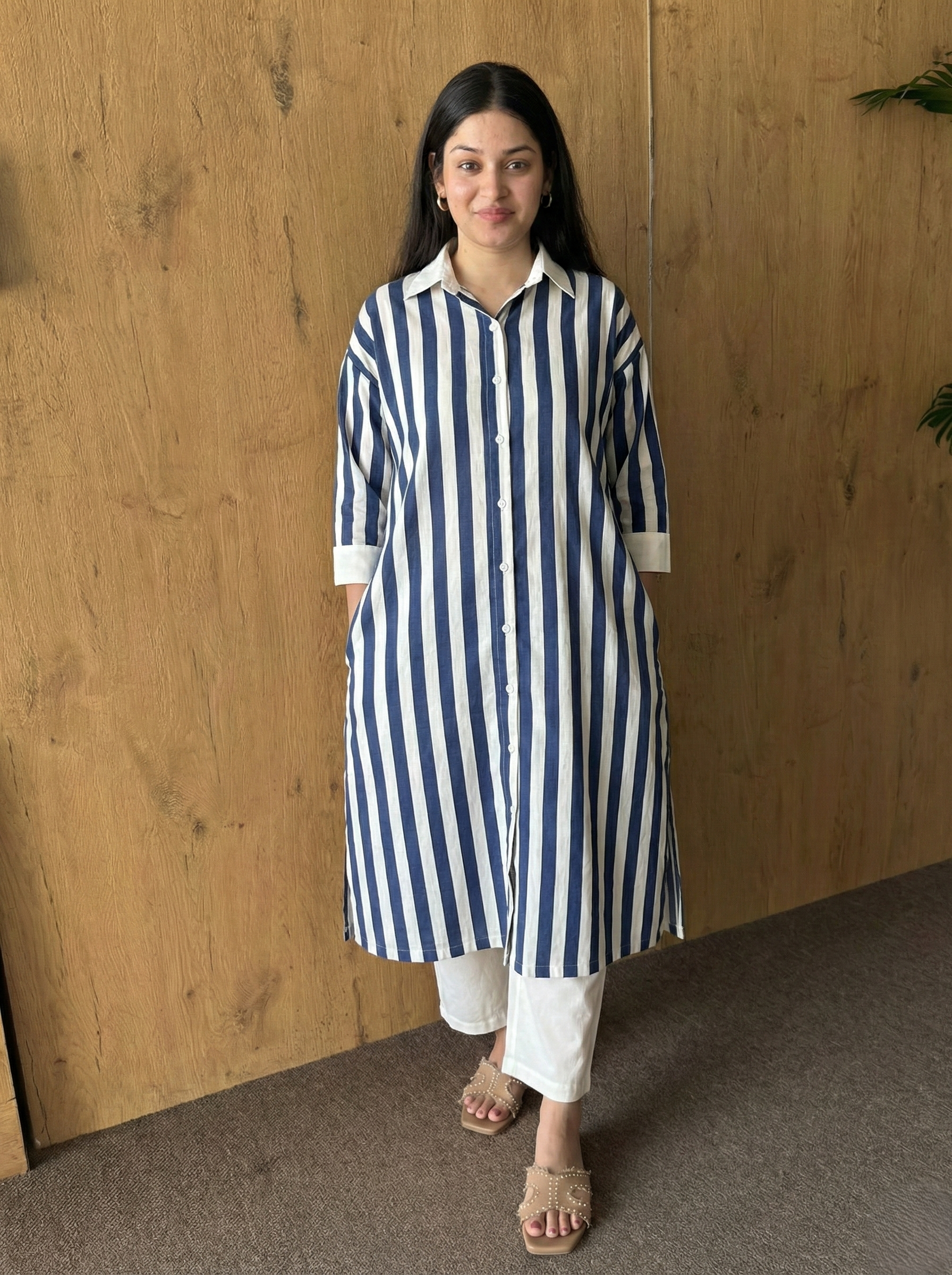Blue White Stripe Tunic With White Pant Set