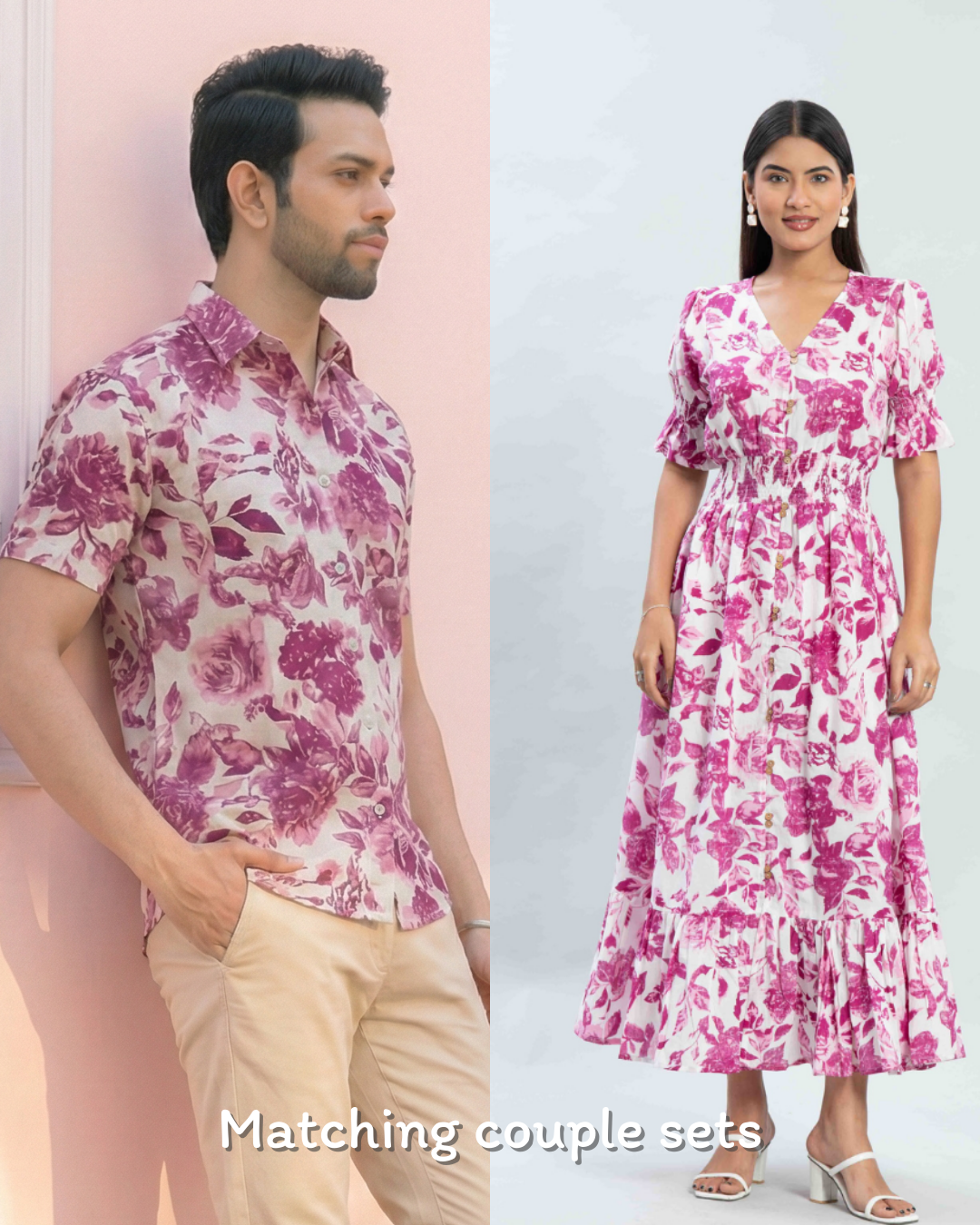 Pink Floral Midi Matching Couple Set