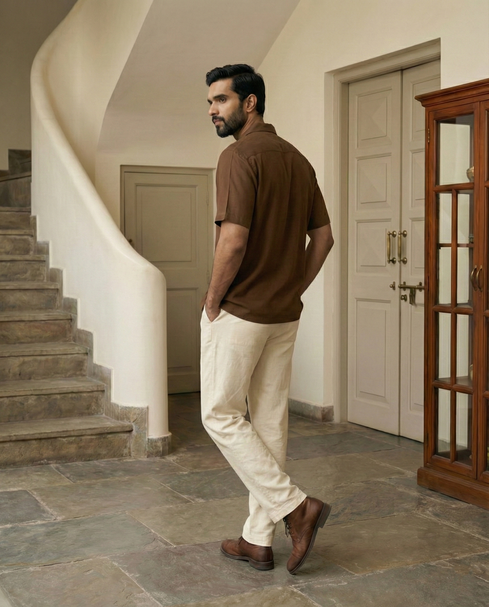 Coffee Contrast Rayon Menʼs Shirt