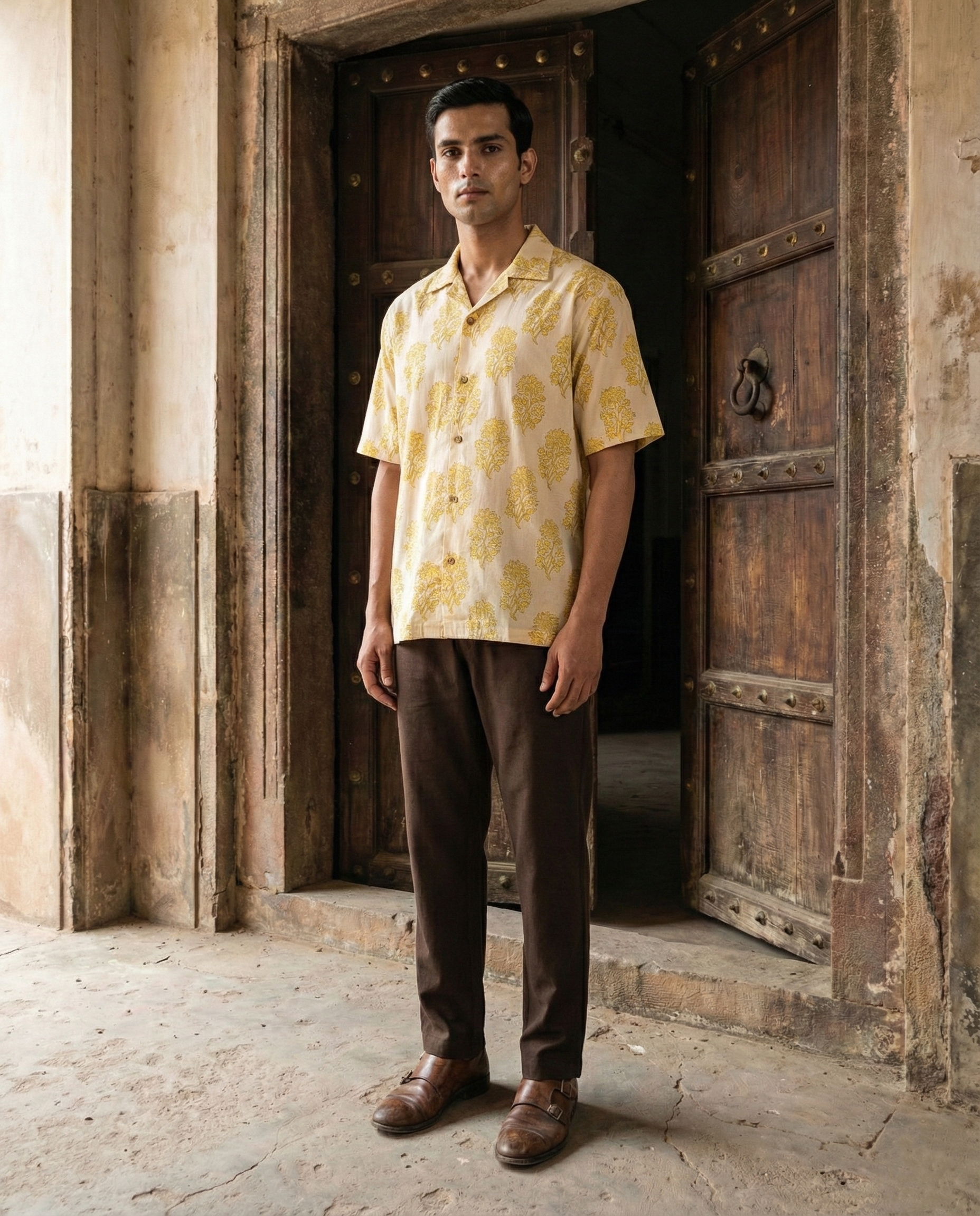 White and Yellow Handblock Menʼs Shirt