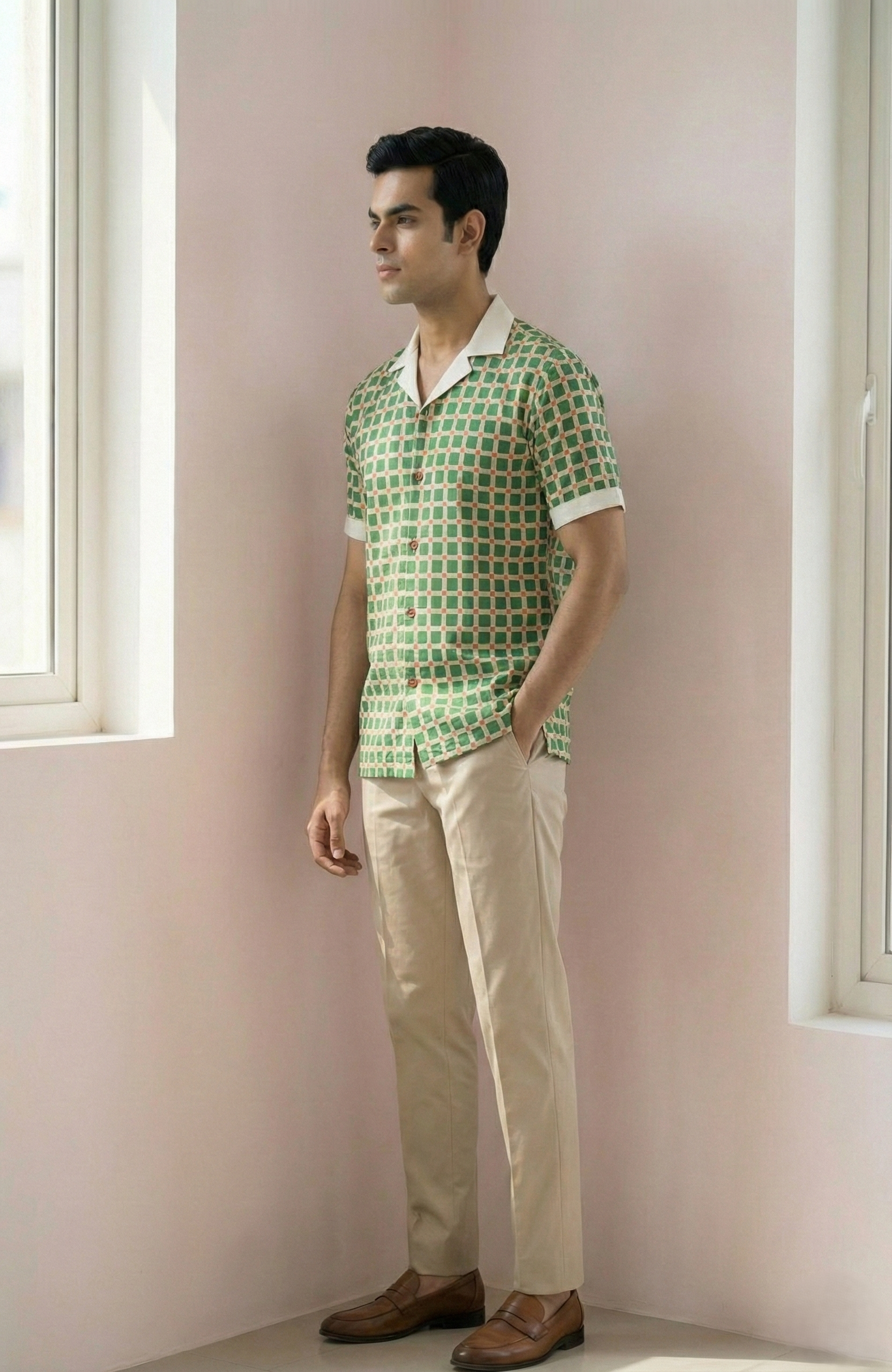 Green White Checkered Matching Couple Set