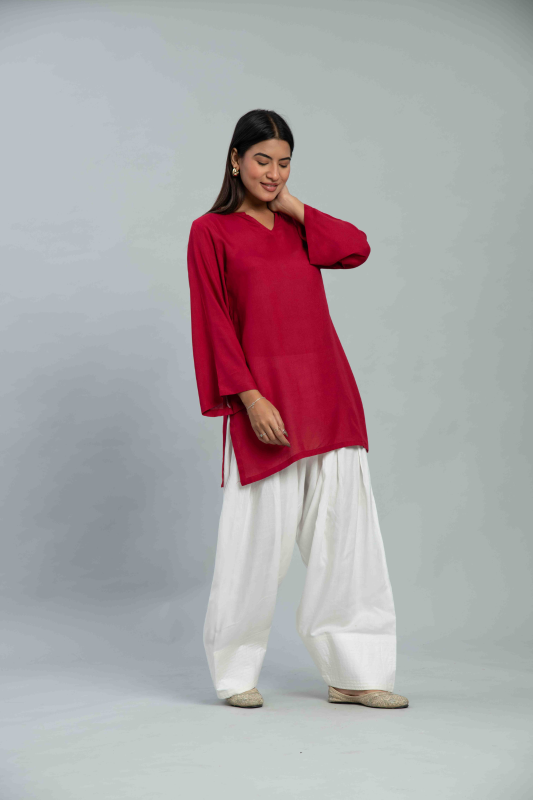 Cherry Red Off White Contrast Farshi Set
