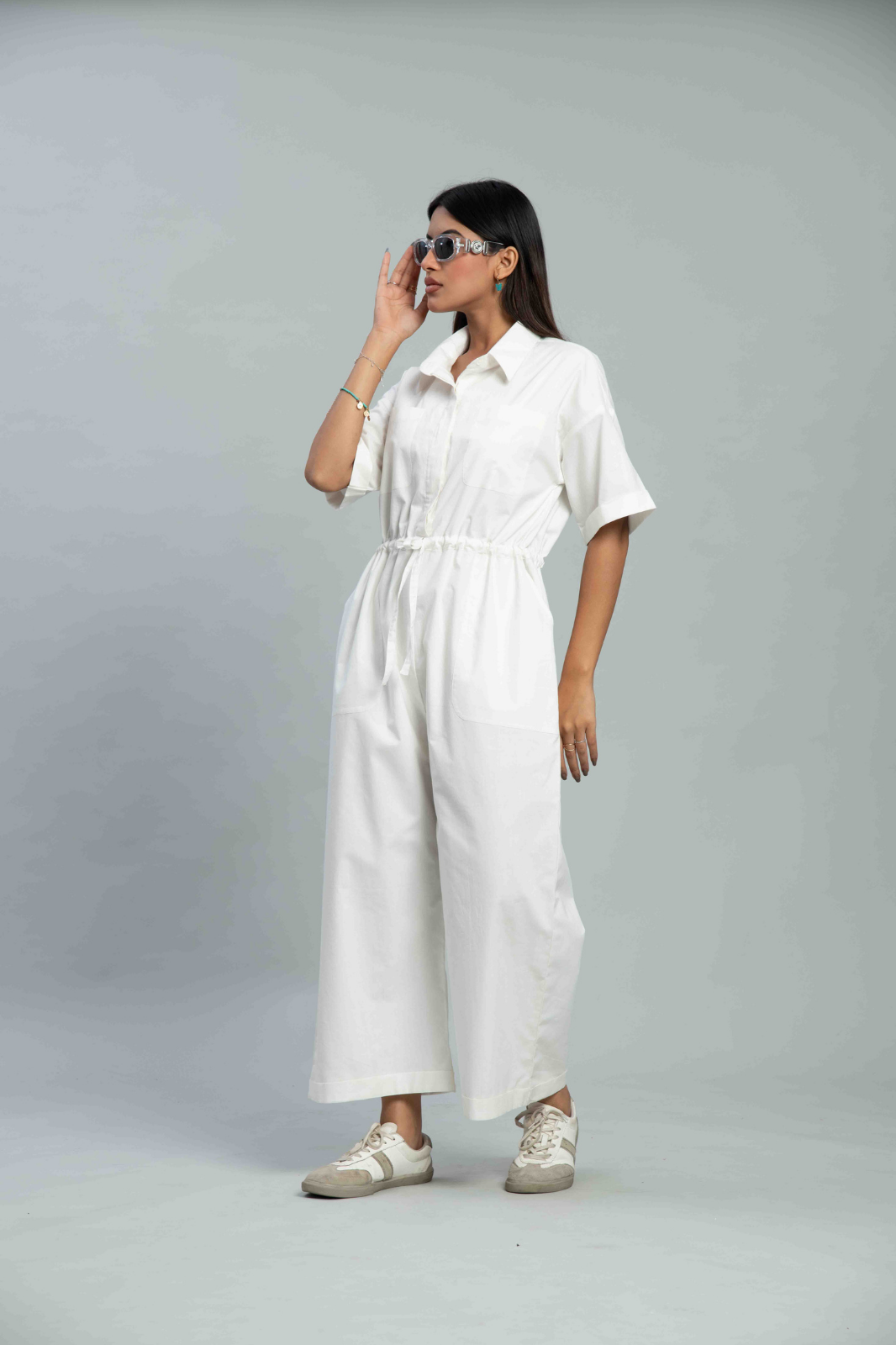 White Cotton Poplin Drawstring Waist Jumpsuit