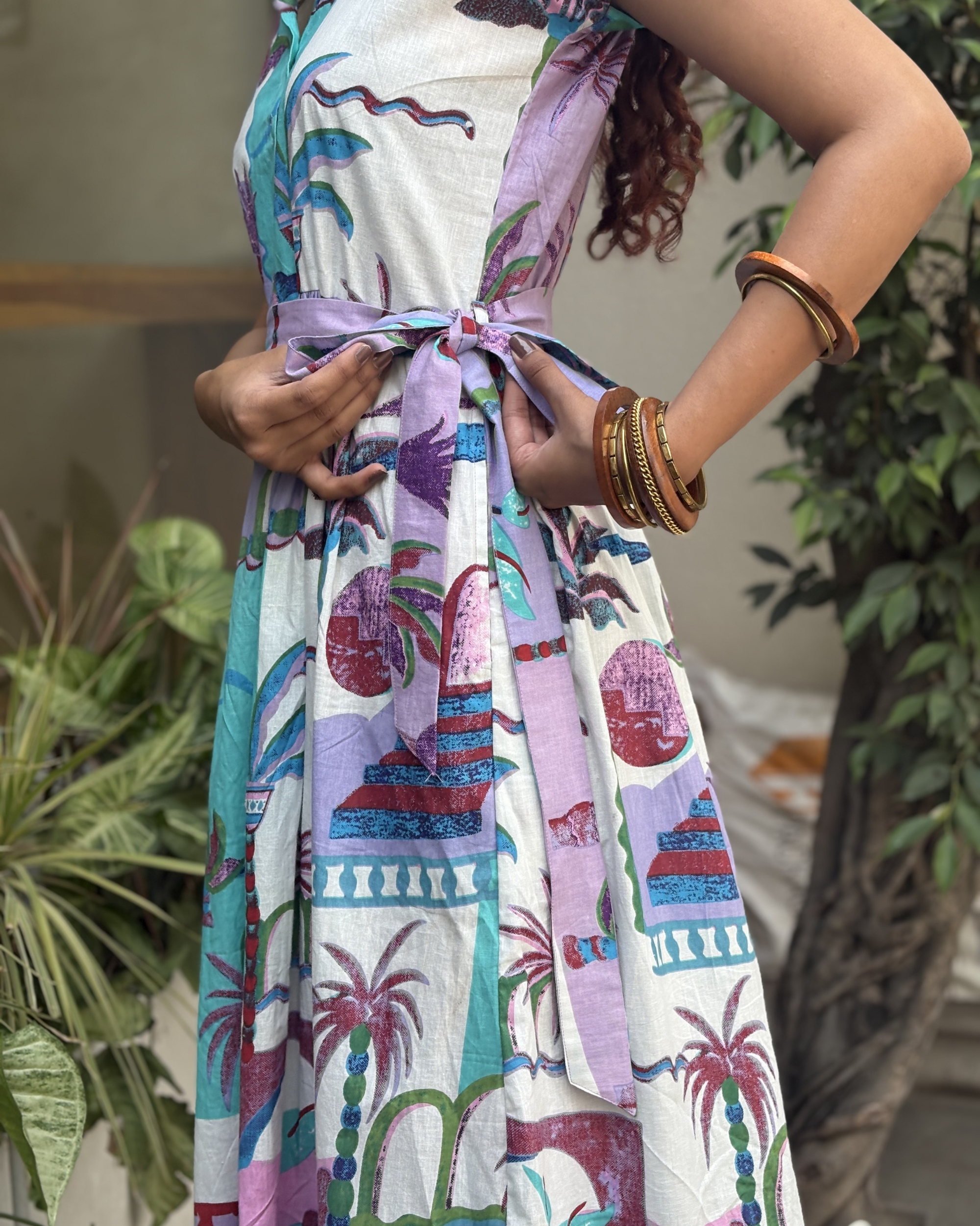 Purple Tropical Print Belt Dress