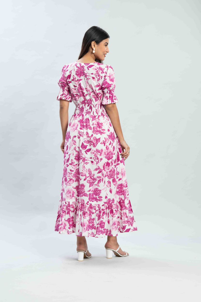 Pink Floral Printed Midi Dress
