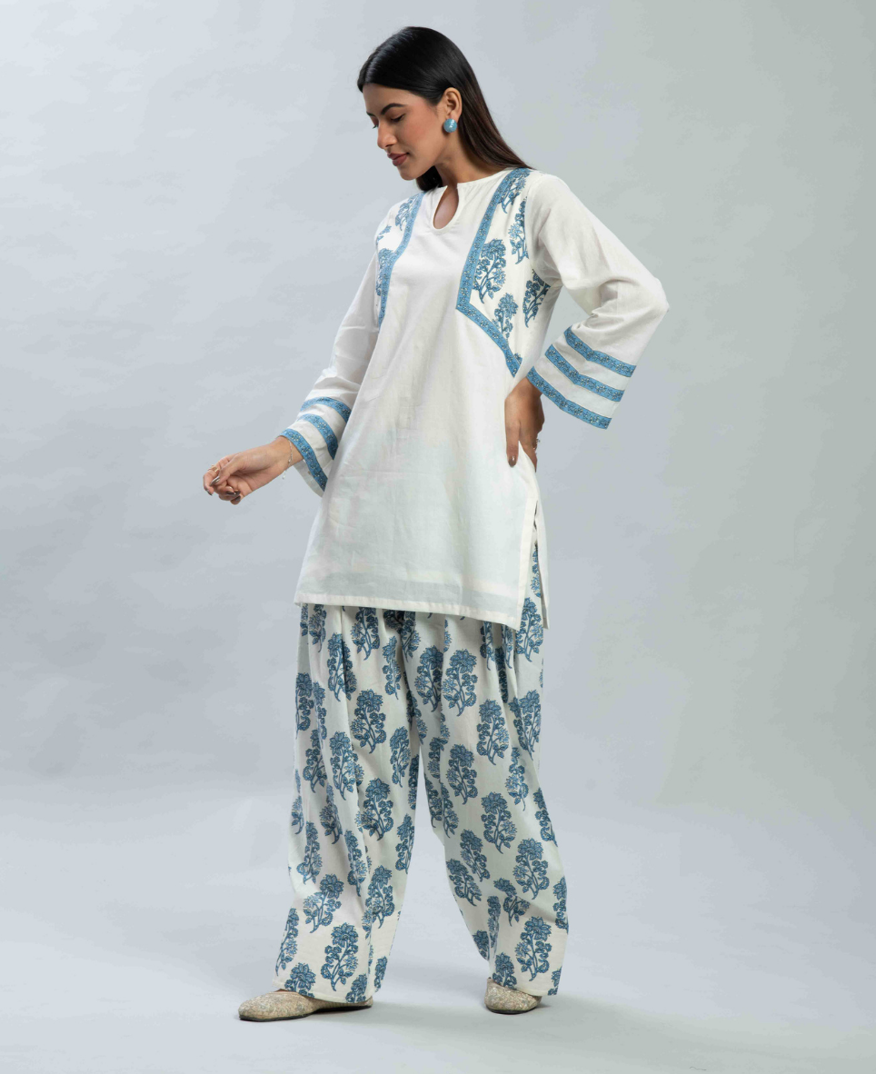 Blue handblocked Farshi salwar set