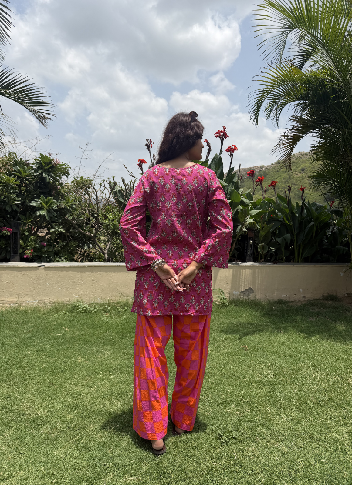 Pink Orange Checks Farshi Set