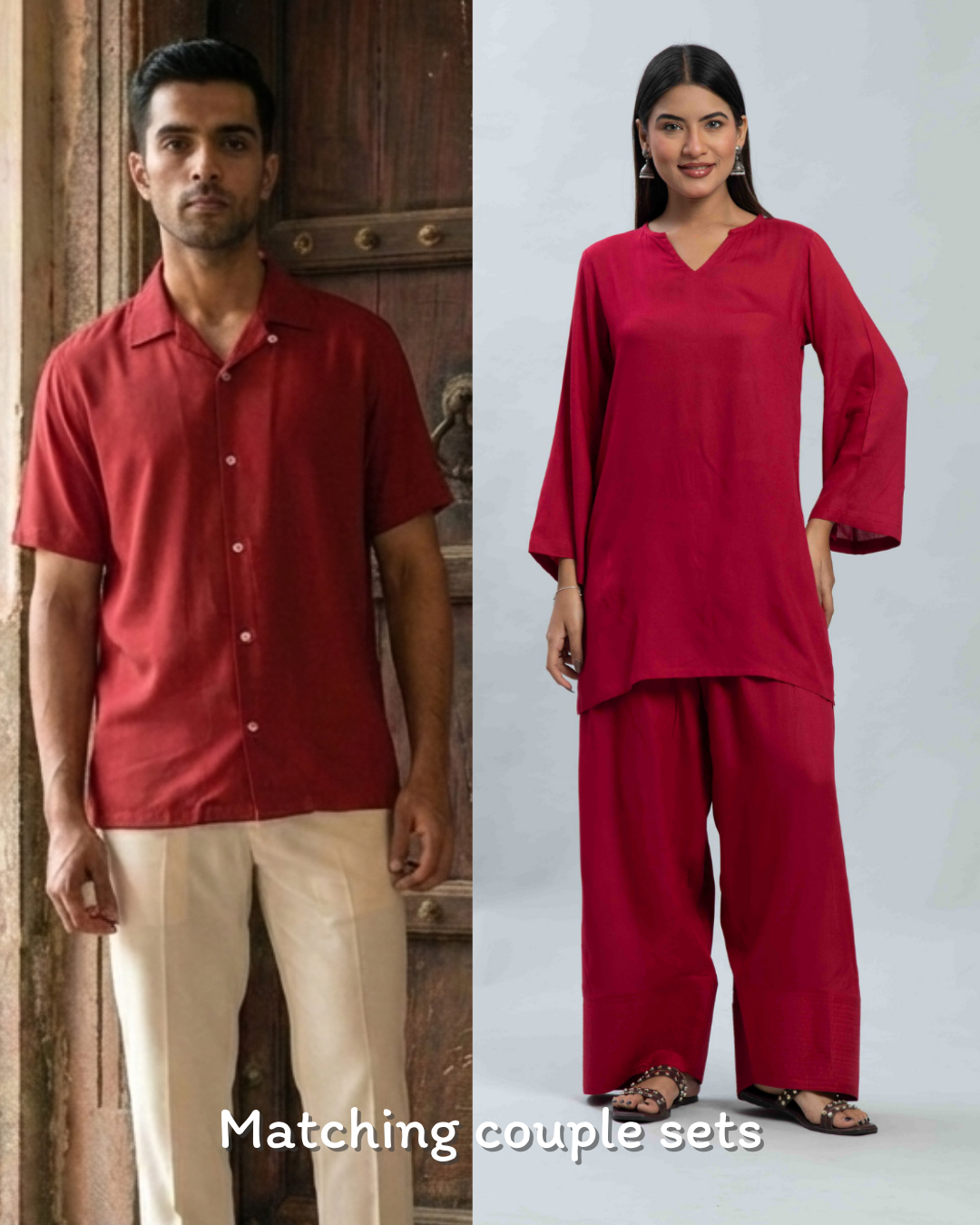 Red Farshi and Shirt Matching Couple Set