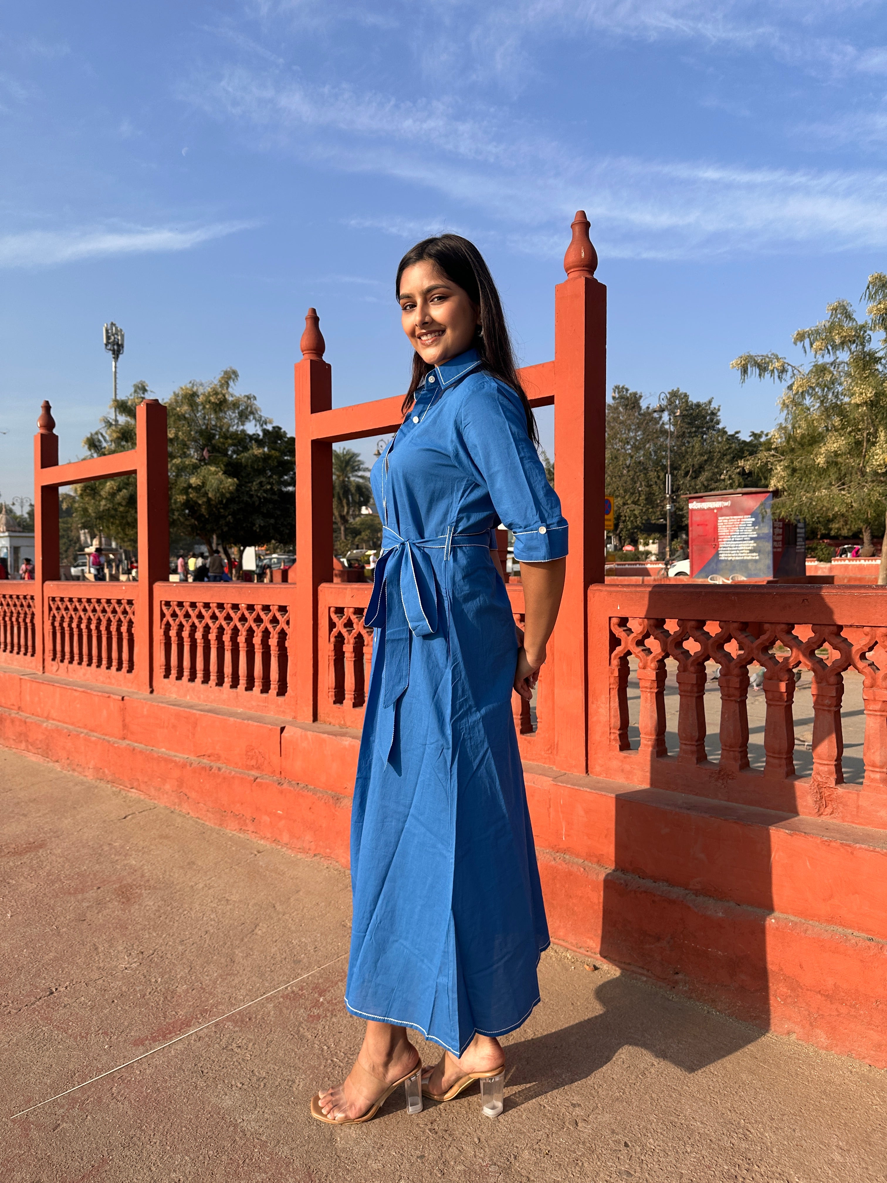 Blue Belted Shirt Dress