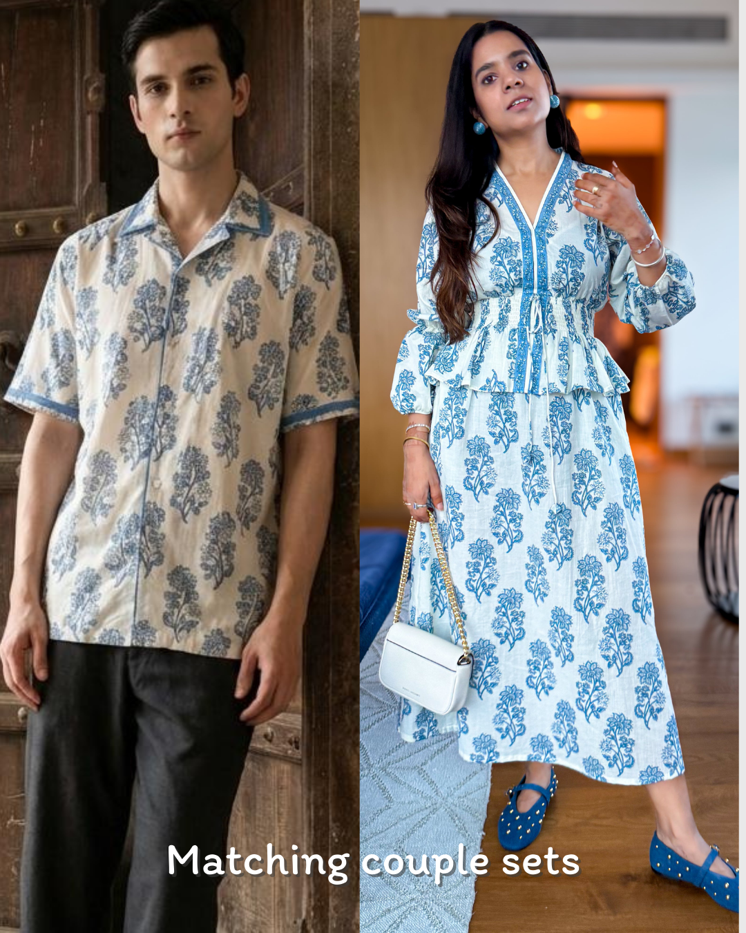 Hand-blocked White & Blue Elasticated Matching Couple Set