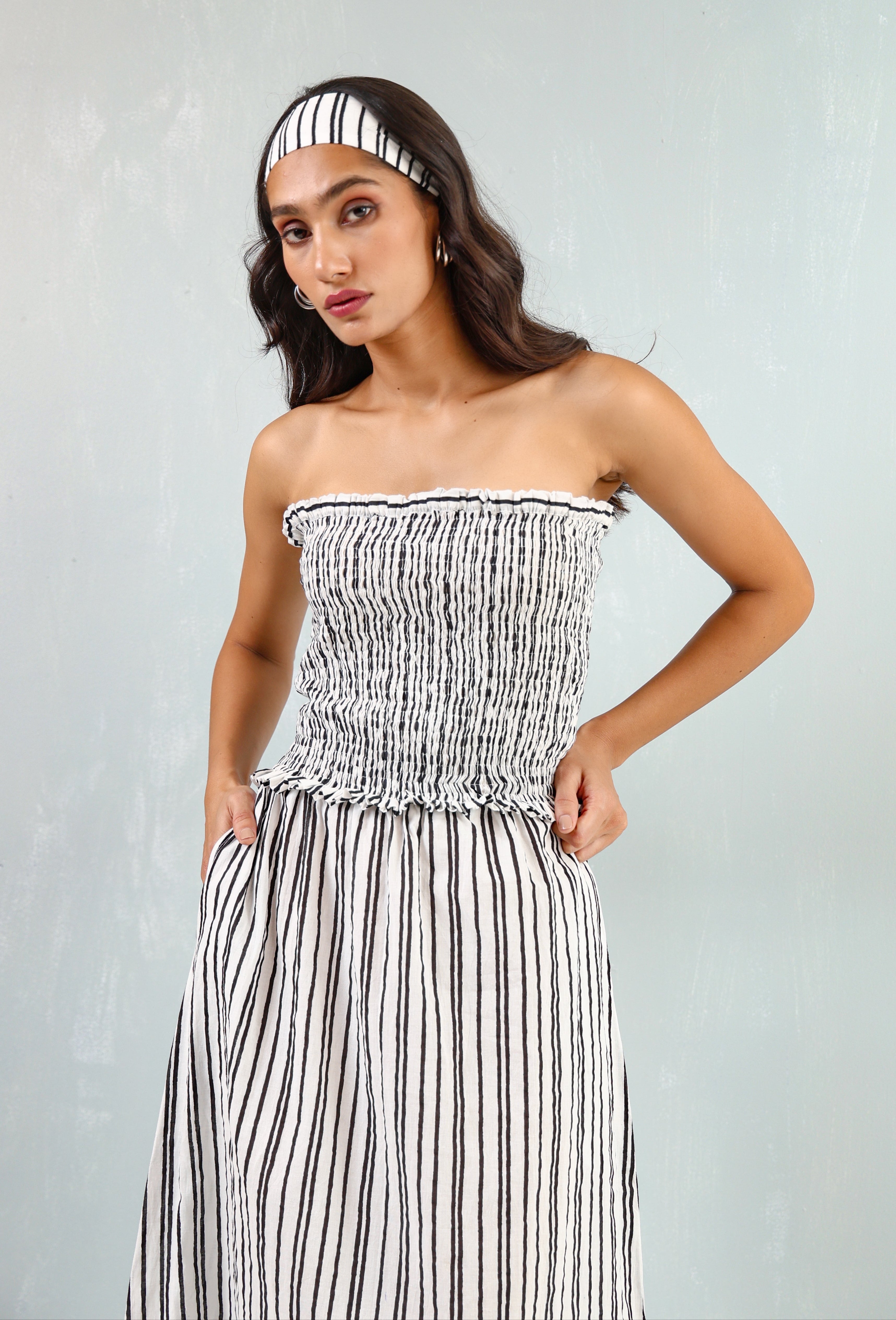 Off Shoulder Black & White Striped Maxi Dress