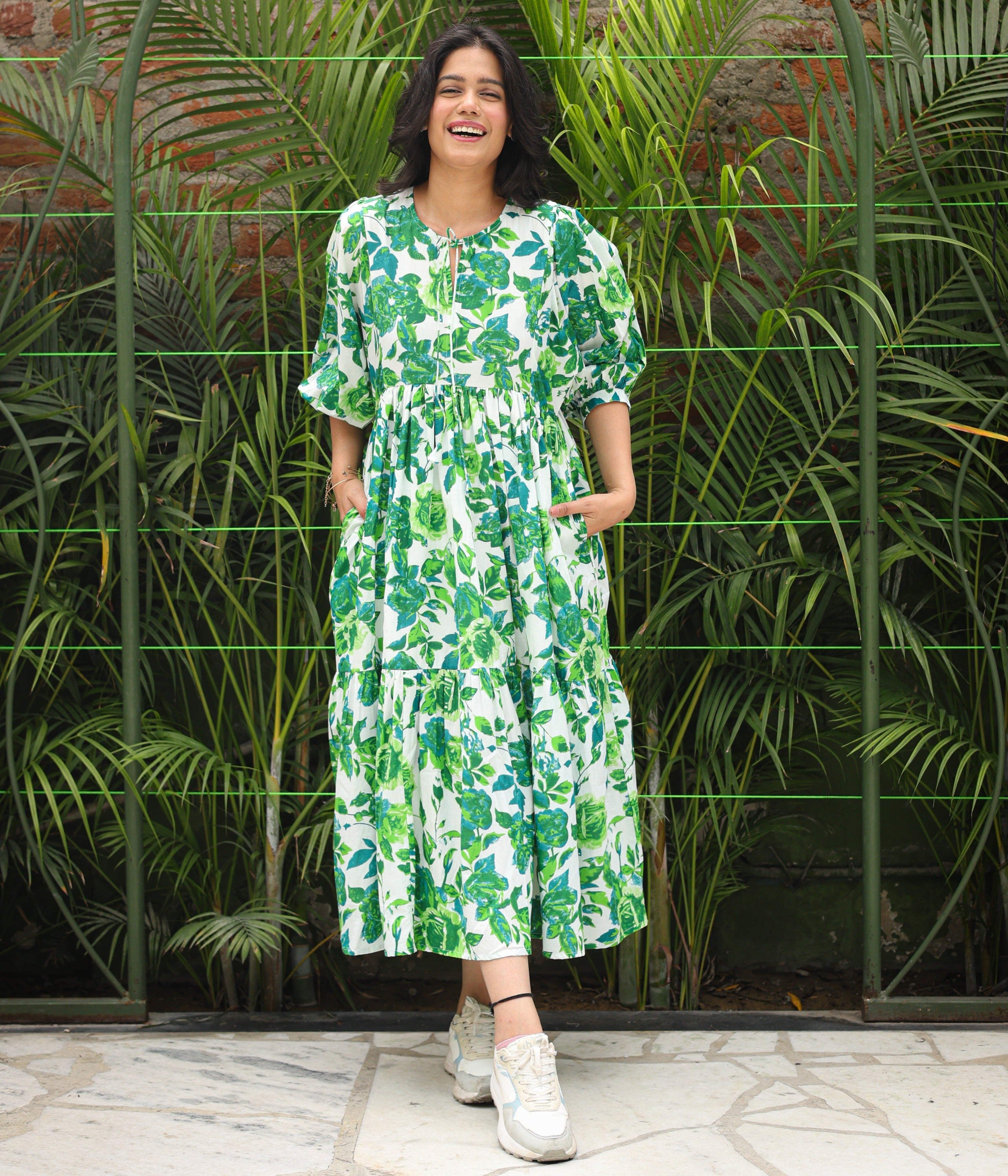Green Floral Tiered Long Dress