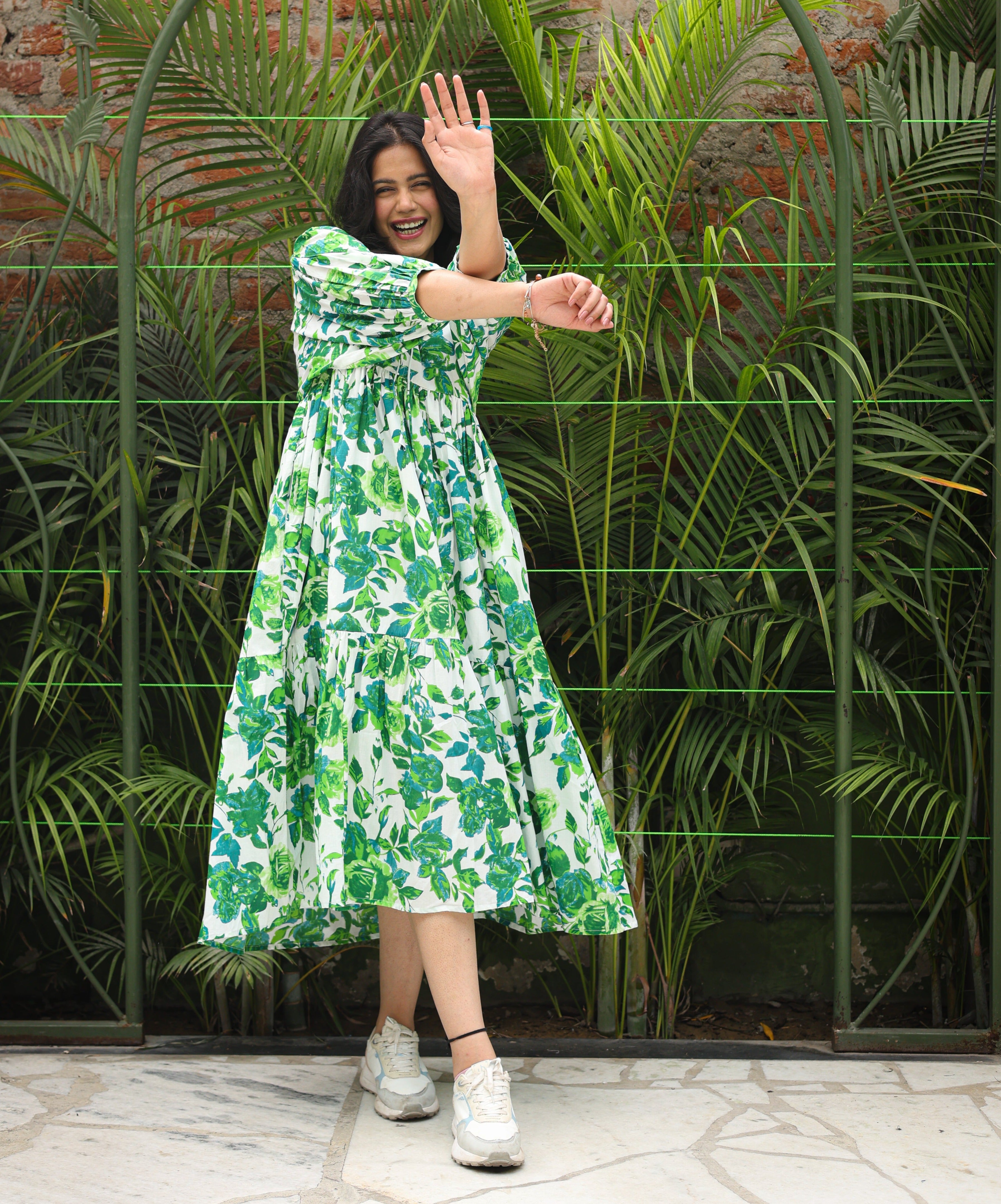 Green Floral Tiered Long Dress