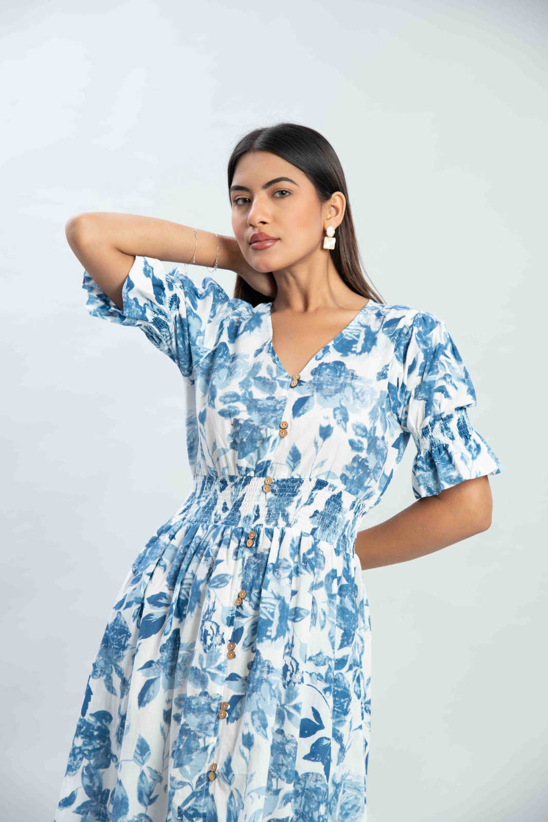 Blue Floral Printed Midi Dress