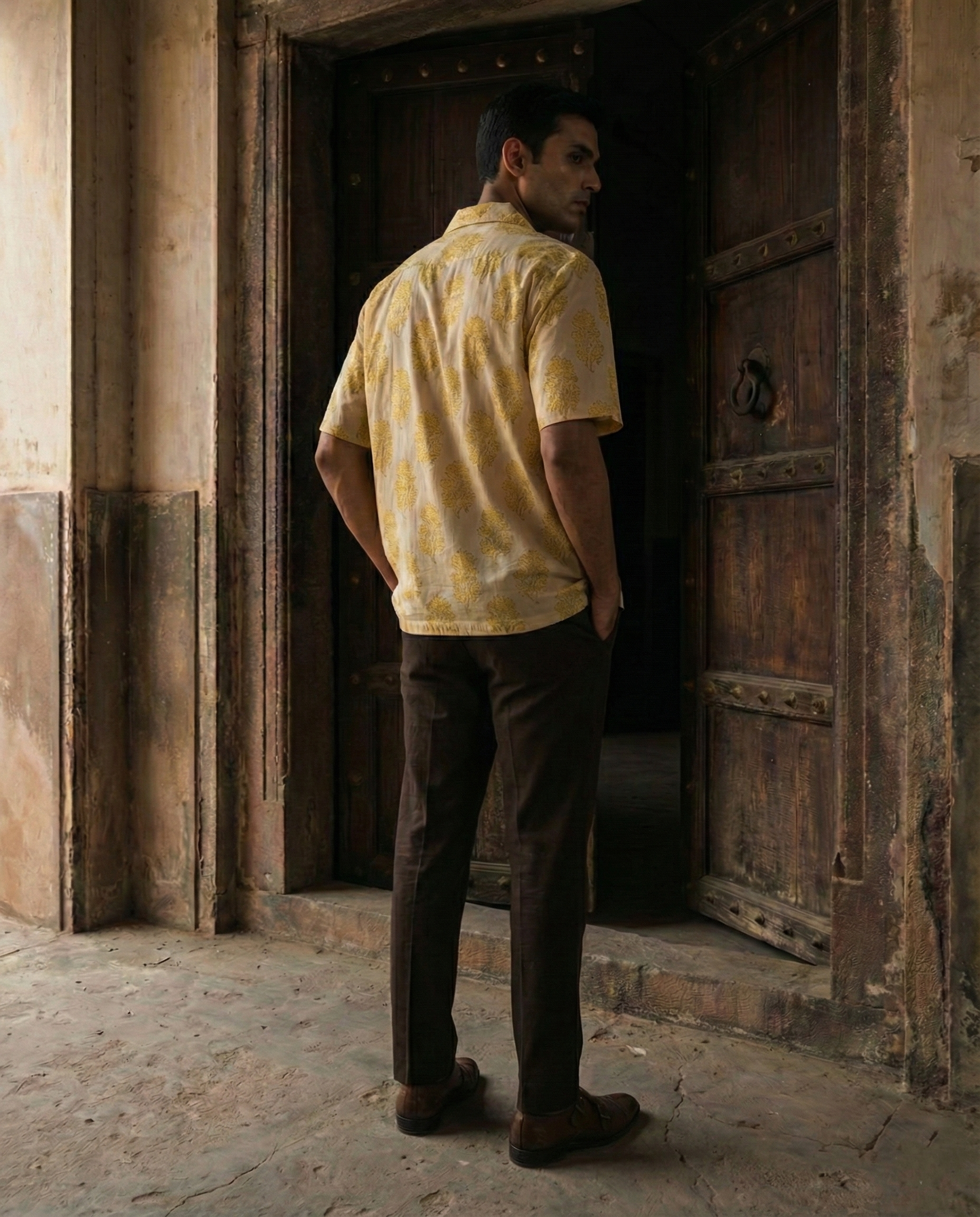 White and Yellow Handblock Menʼs Shirt