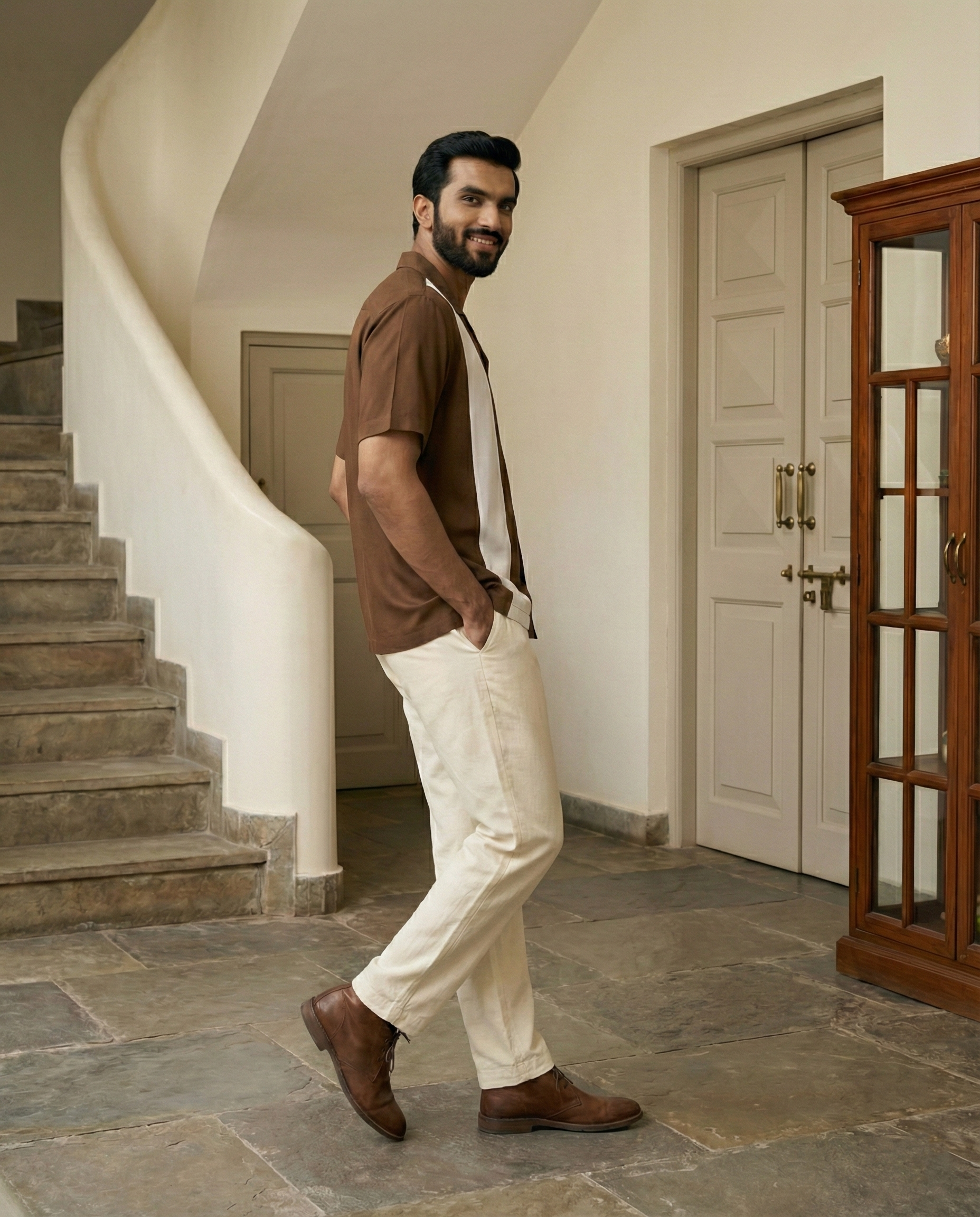 Coffee Contrast Rayon Menʼs Shirt