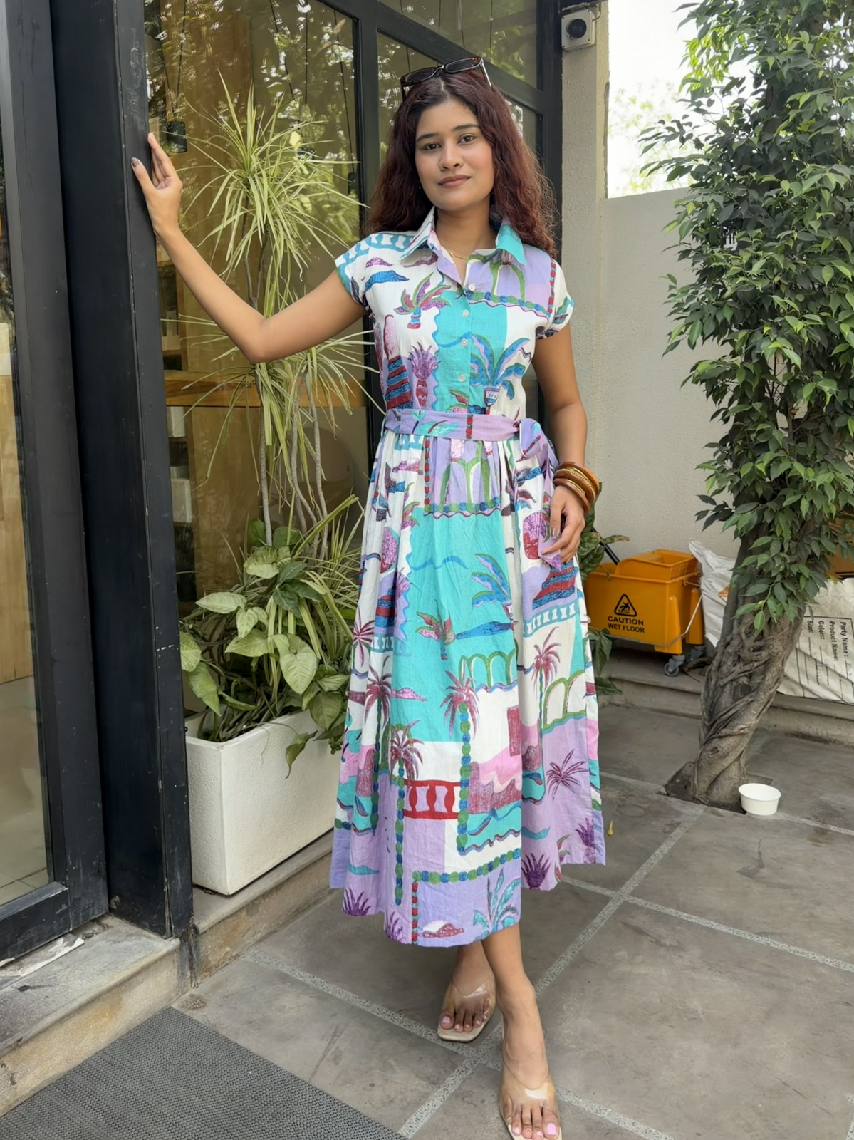 Purple Tropical Print Belt Dress