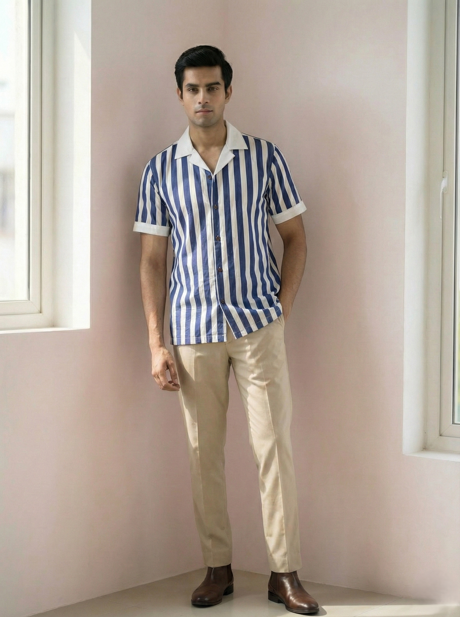 Blue White Stripe Cotton Matching Couple Set