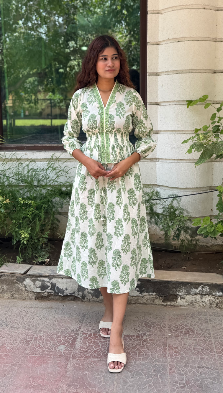 Hand-blocked White & Green Elasticated Long Dress