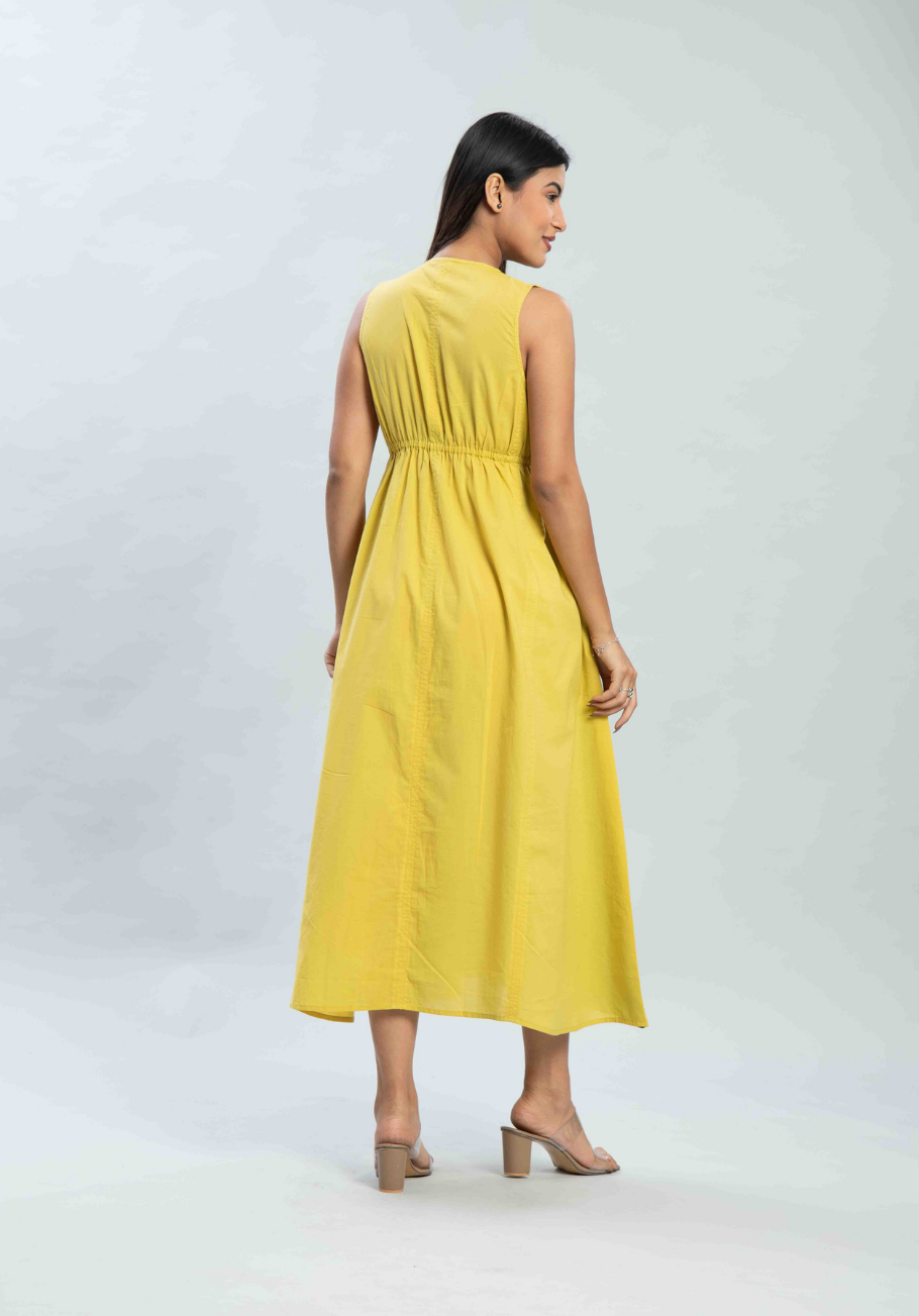Yellow embroidered long flare dress