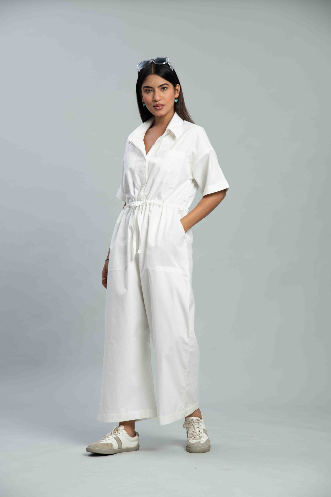 White Cotton Poplin Drawstring Waist Jumpsuit