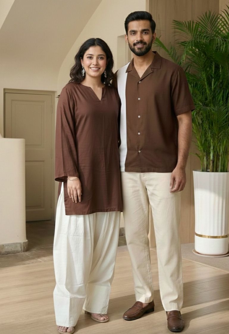 Solid Brown Off White Contrast Farshi and Shirt Matching Couple Set