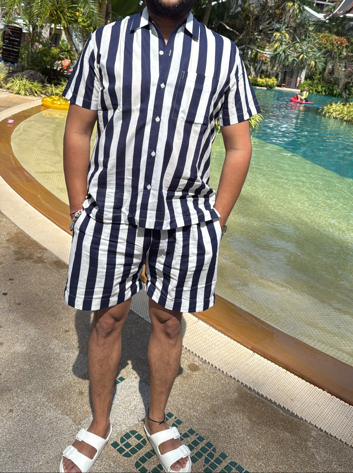 Blue White Stripe Men Resort Co Ord set