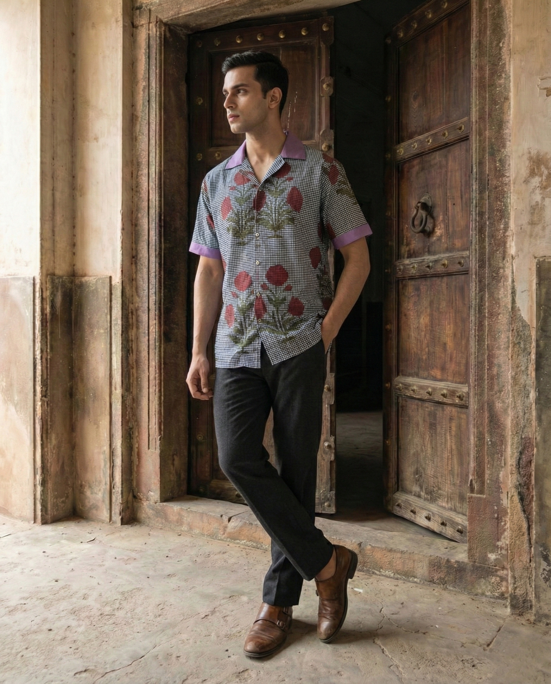 Blue Floral Contrast Collar Menʼs Shirt