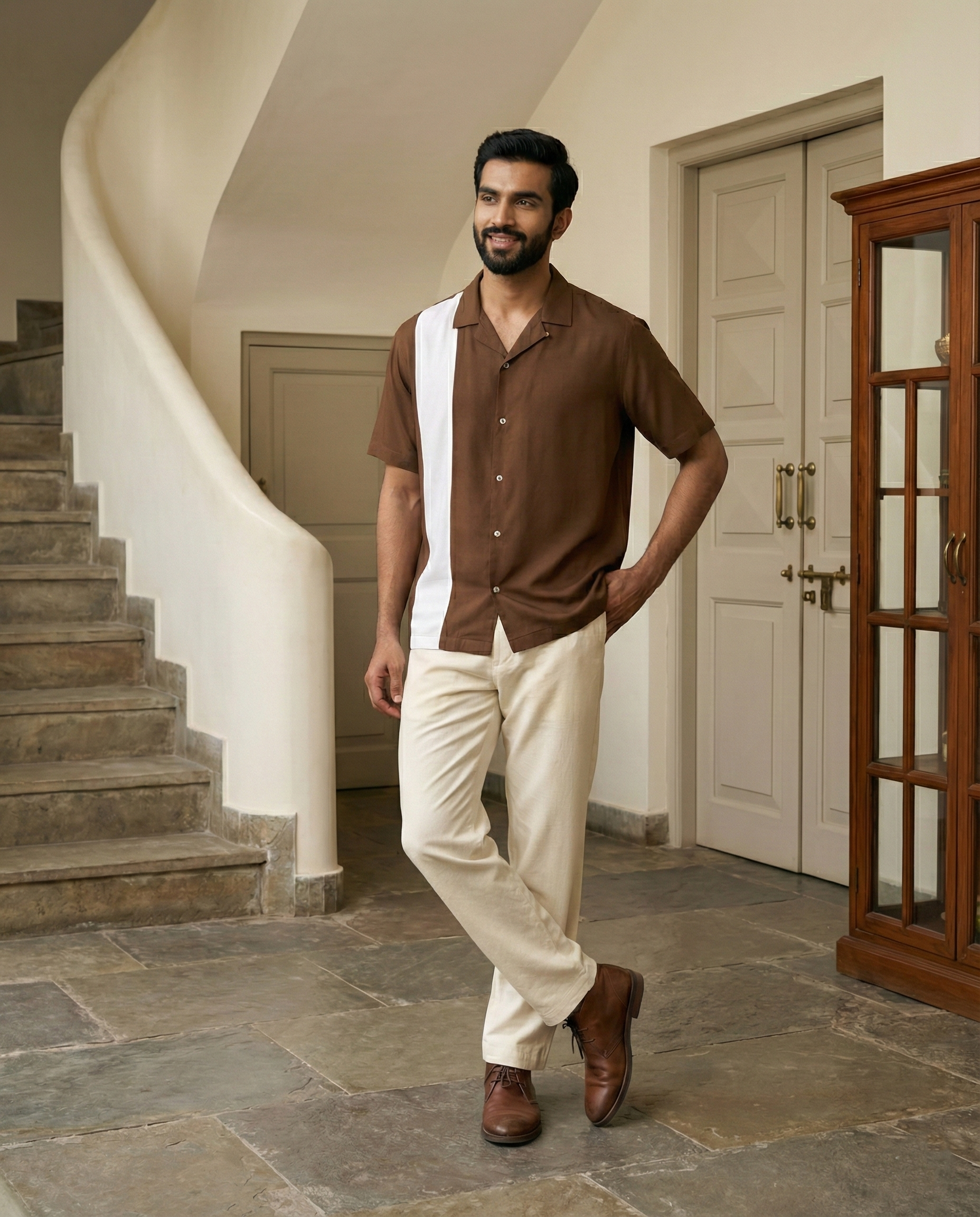 Coffee Contrast Rayon Menʼs Shirt