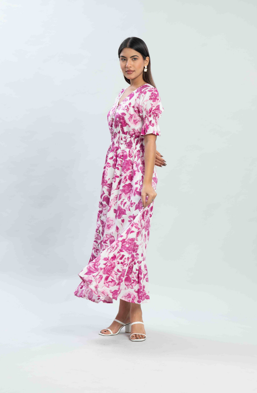 Pink Floral Printed Midi Dress