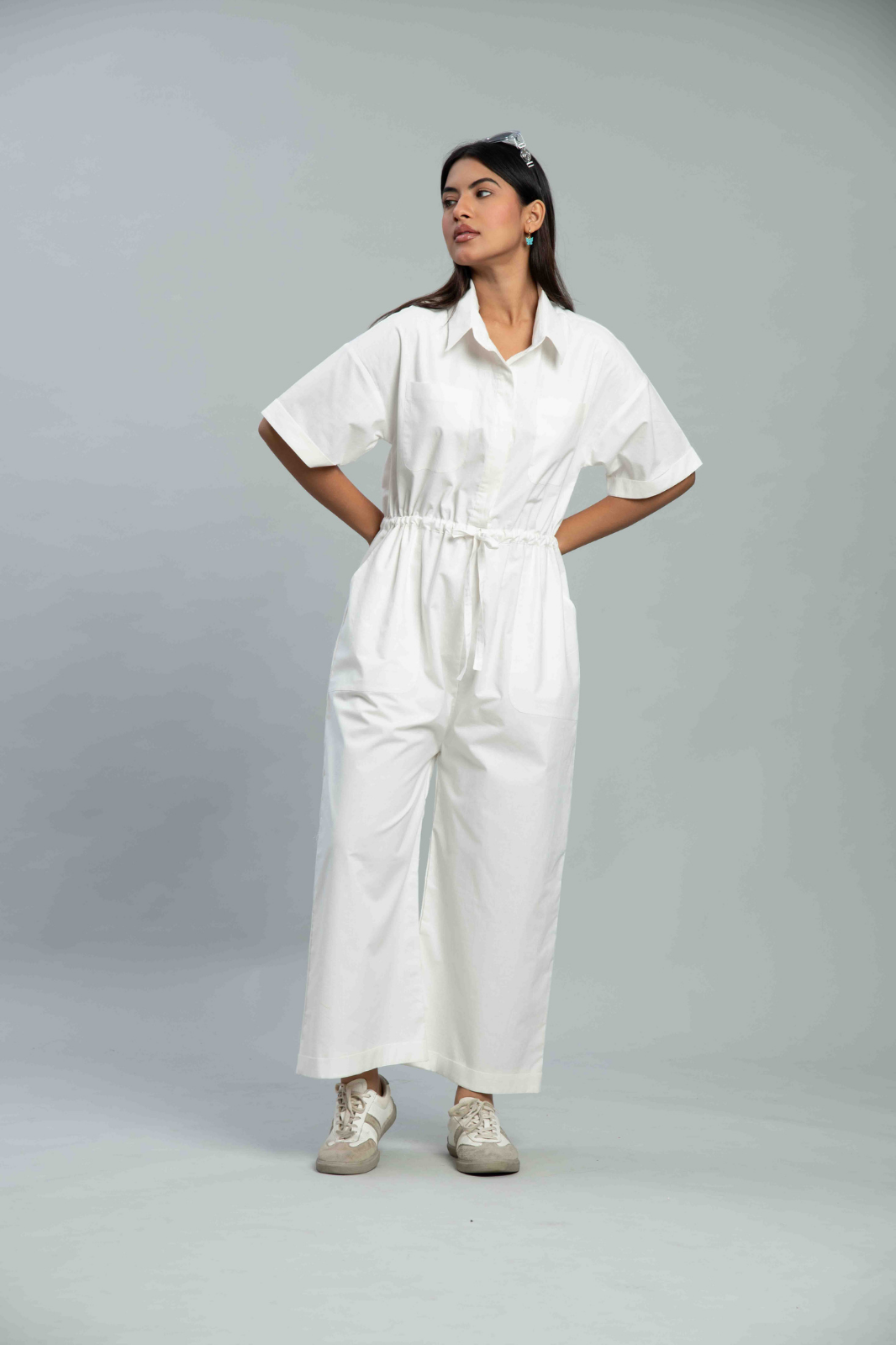 White Cotton Poplin Drawstring Waist Jumpsuit