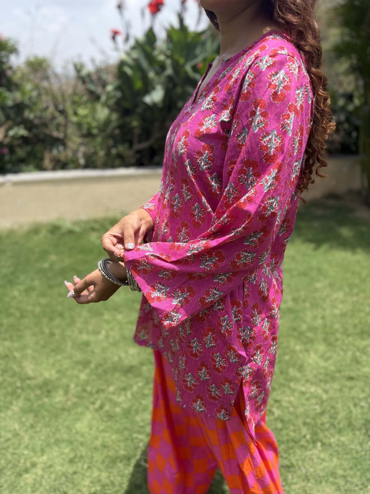 Pink Orange Checks Farshi Set
