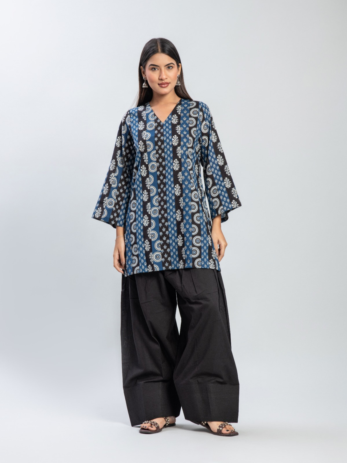 Indigo Ajrakh Print Kurti & Black Farshi Salwar Set