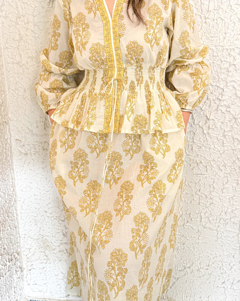 Hand-blocked White & Yellow Elasticated Matching Couple Set