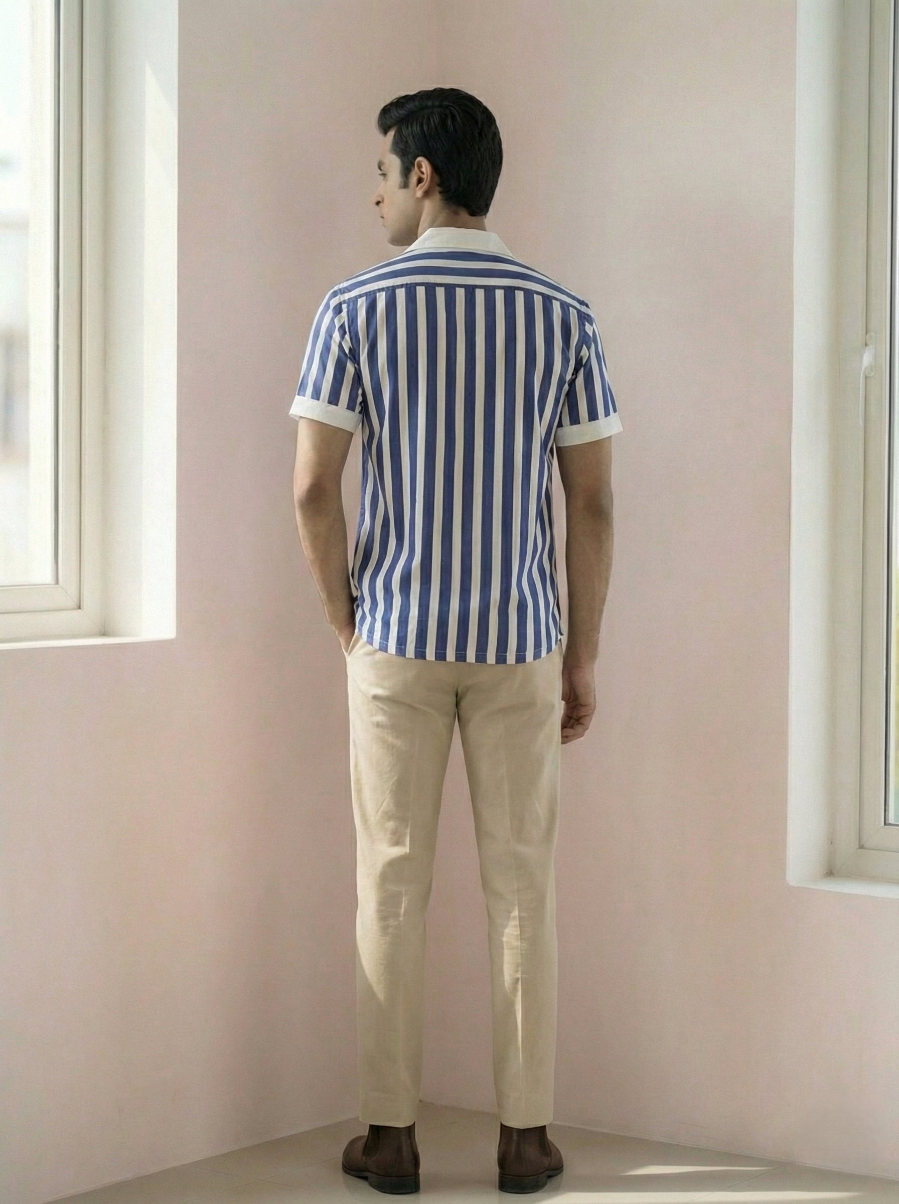 Blue White Striped Contrast collar Menʼs Shirt