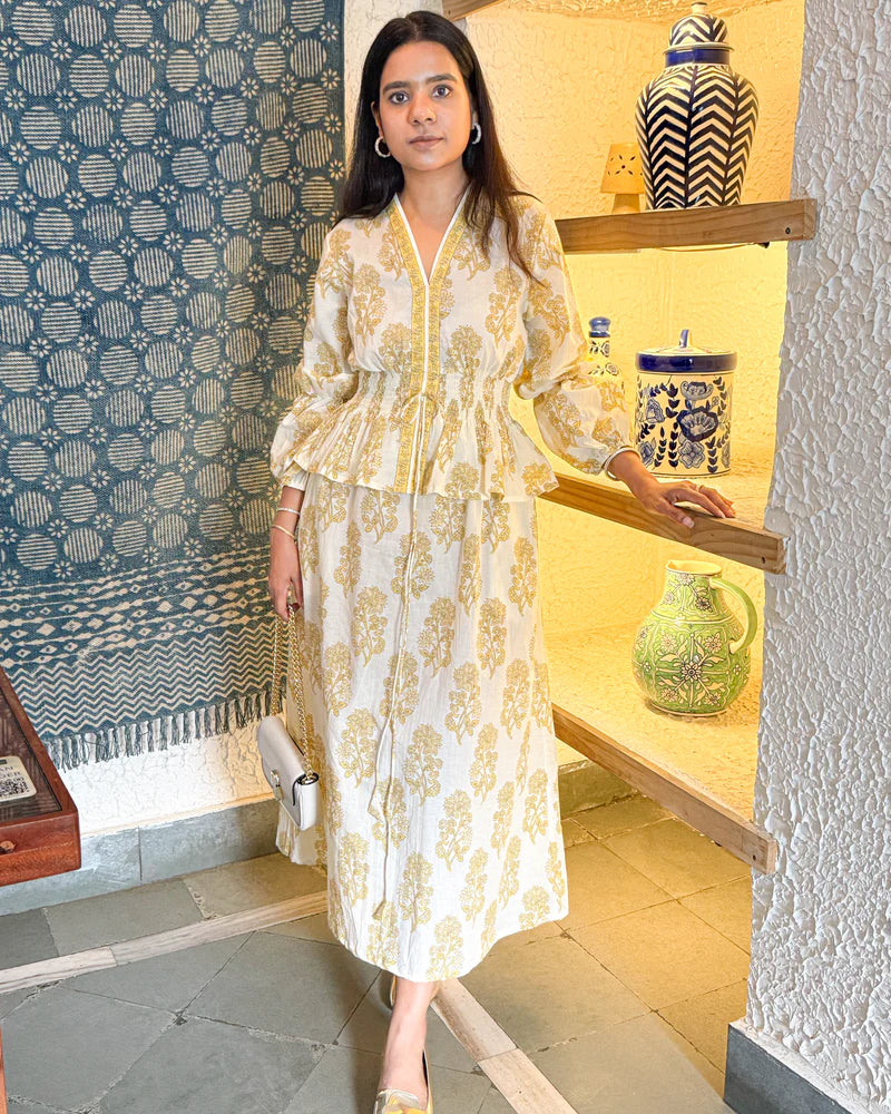 Hand-blocked White & Yellow Elasticated Matching Couple Set