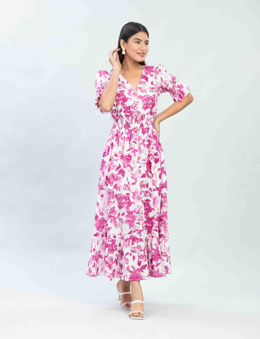 Pink Floral Printed Midi Dress