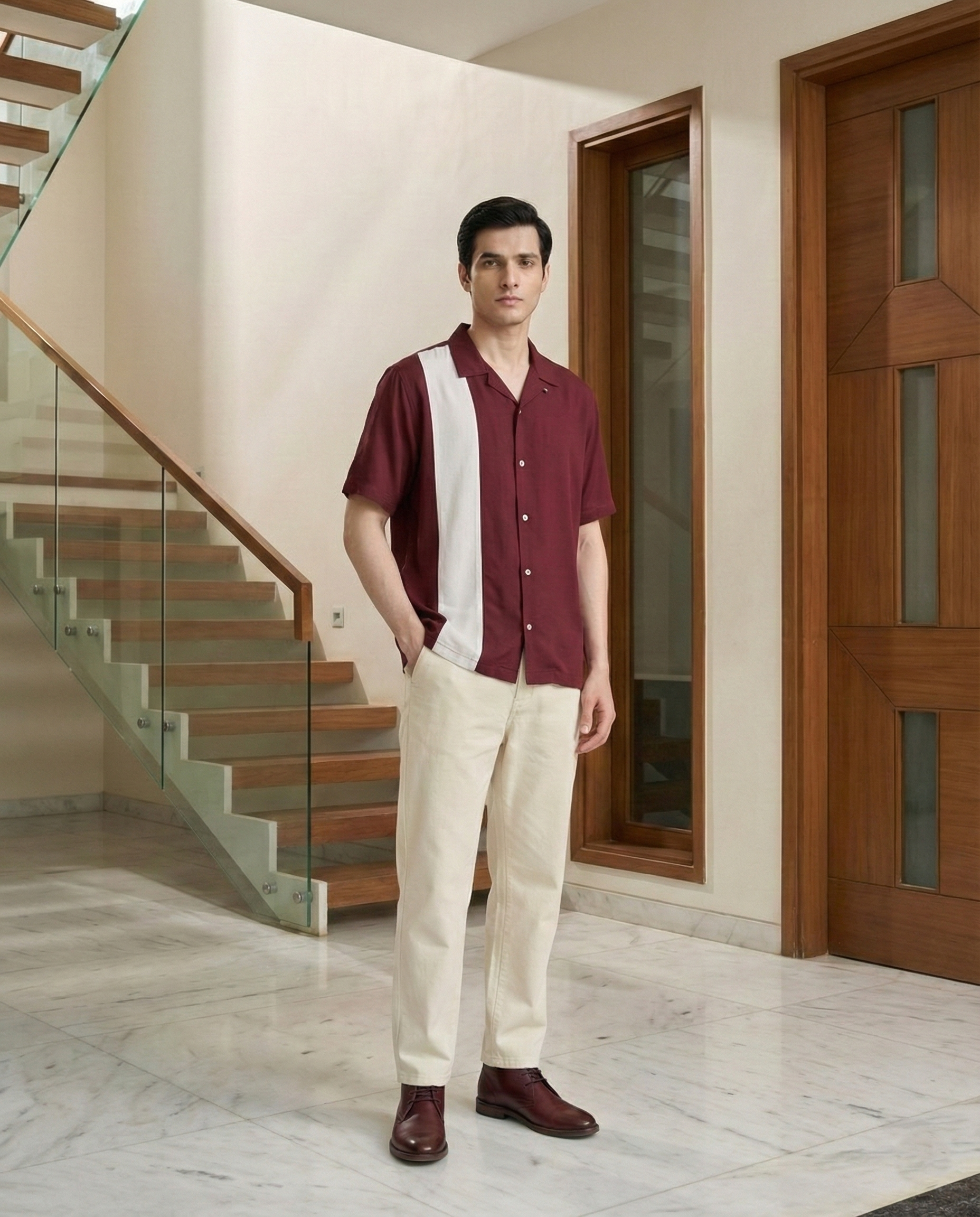 Burgundy Contrast Rayon Menʼs Shirt