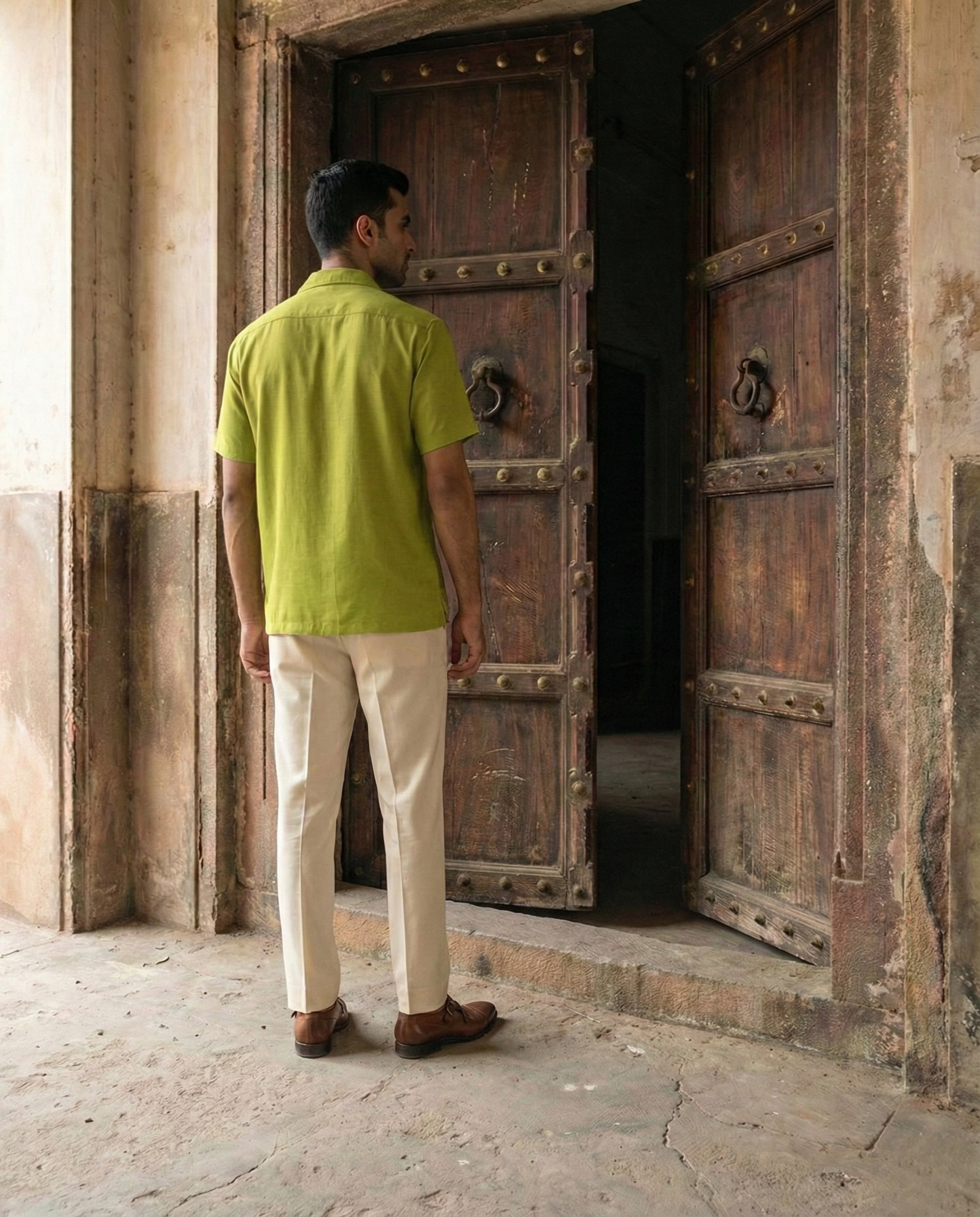 Lime Green Off White Contrast Farshi and Shirt Matching Couple Set