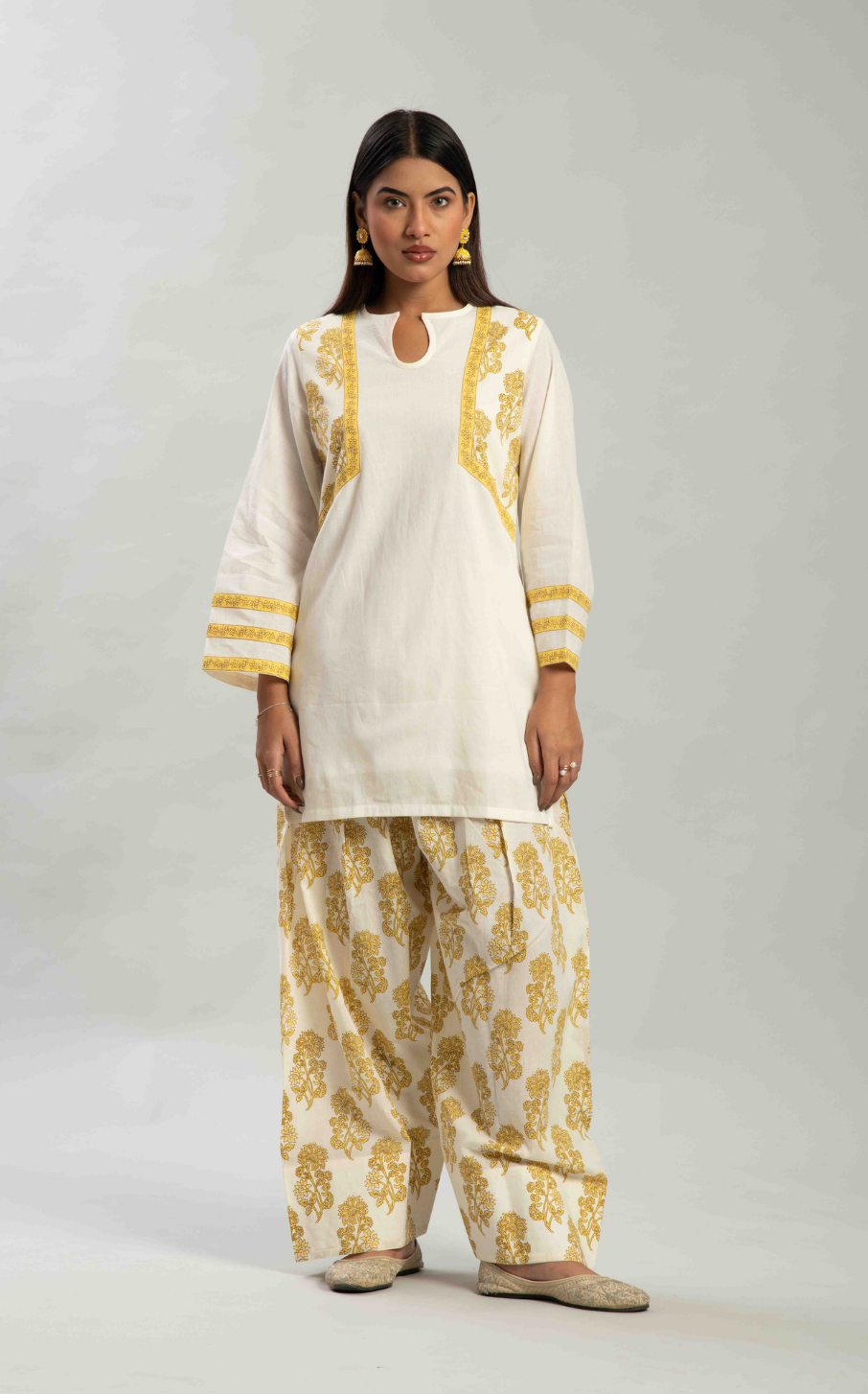 Yellow handblocked Farshi salwar set