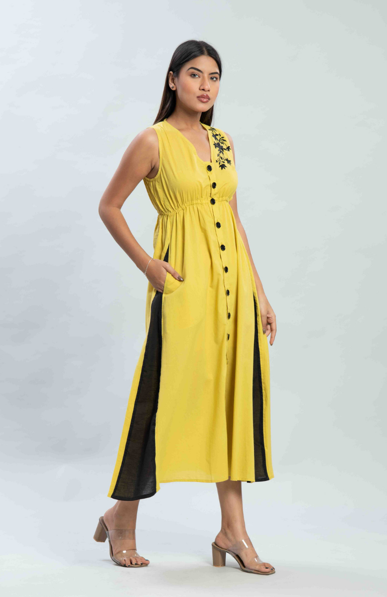 Yellow embroidered long flare dress
