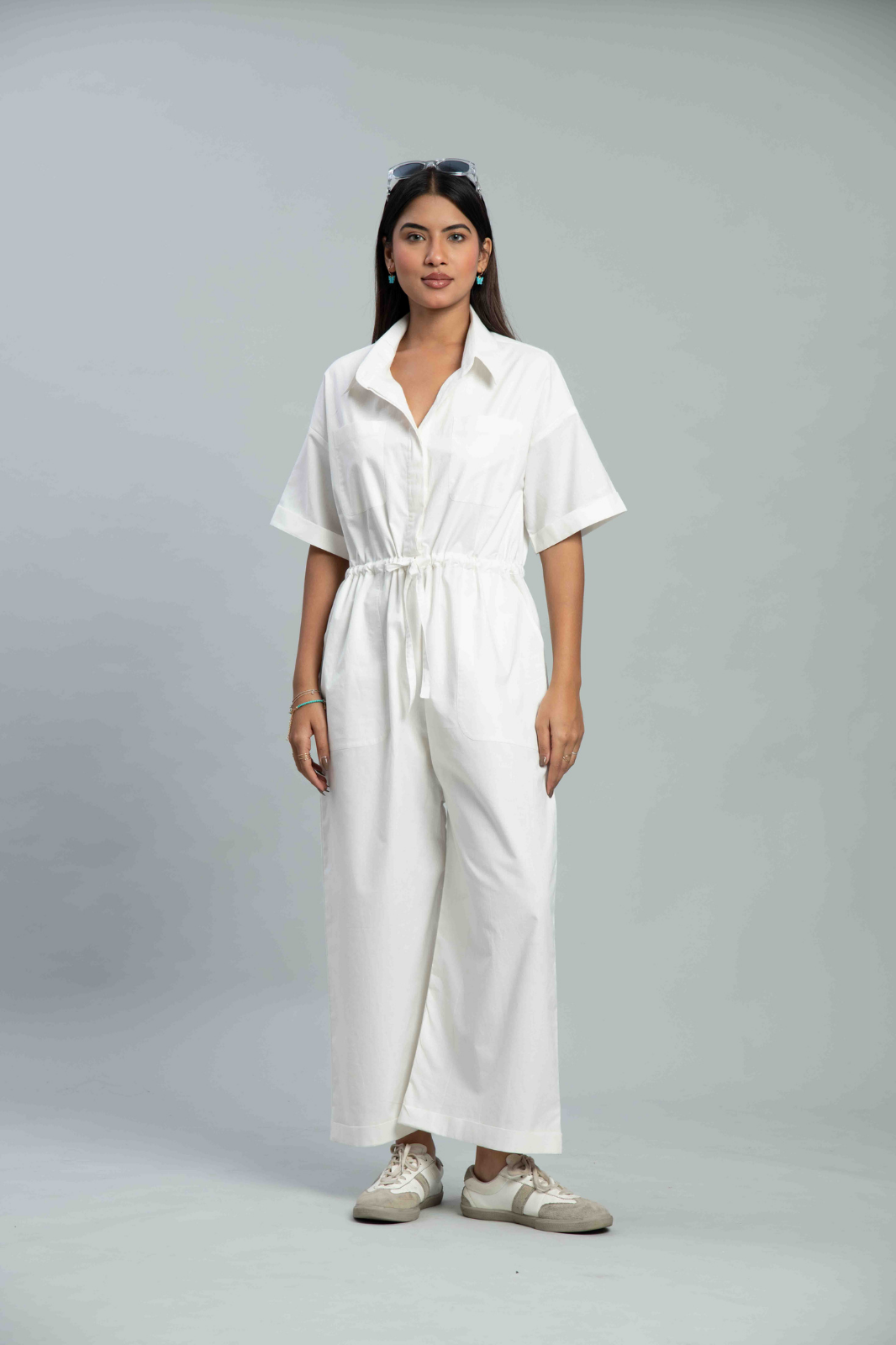 White Cotton Poplin Drawstring Waist Jumpsuit