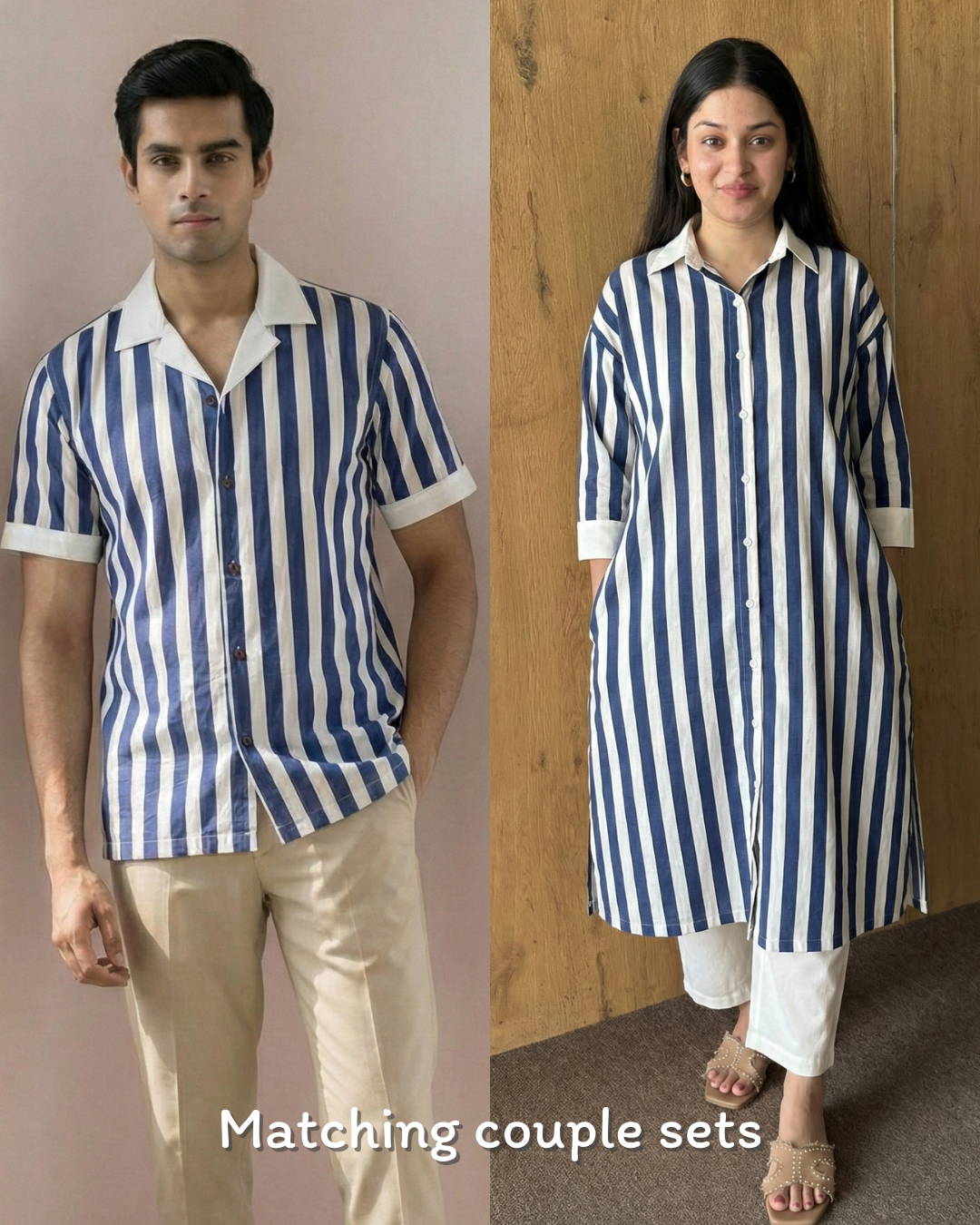 Blue White Stripe Cotton Matching Couple Set