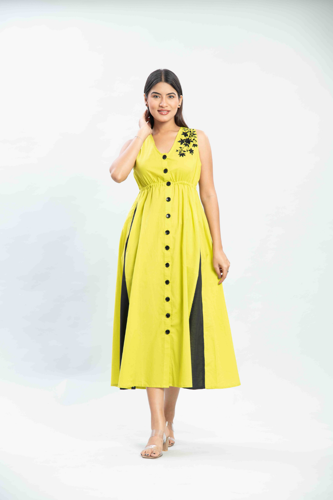 Lime embroidered long flare dress