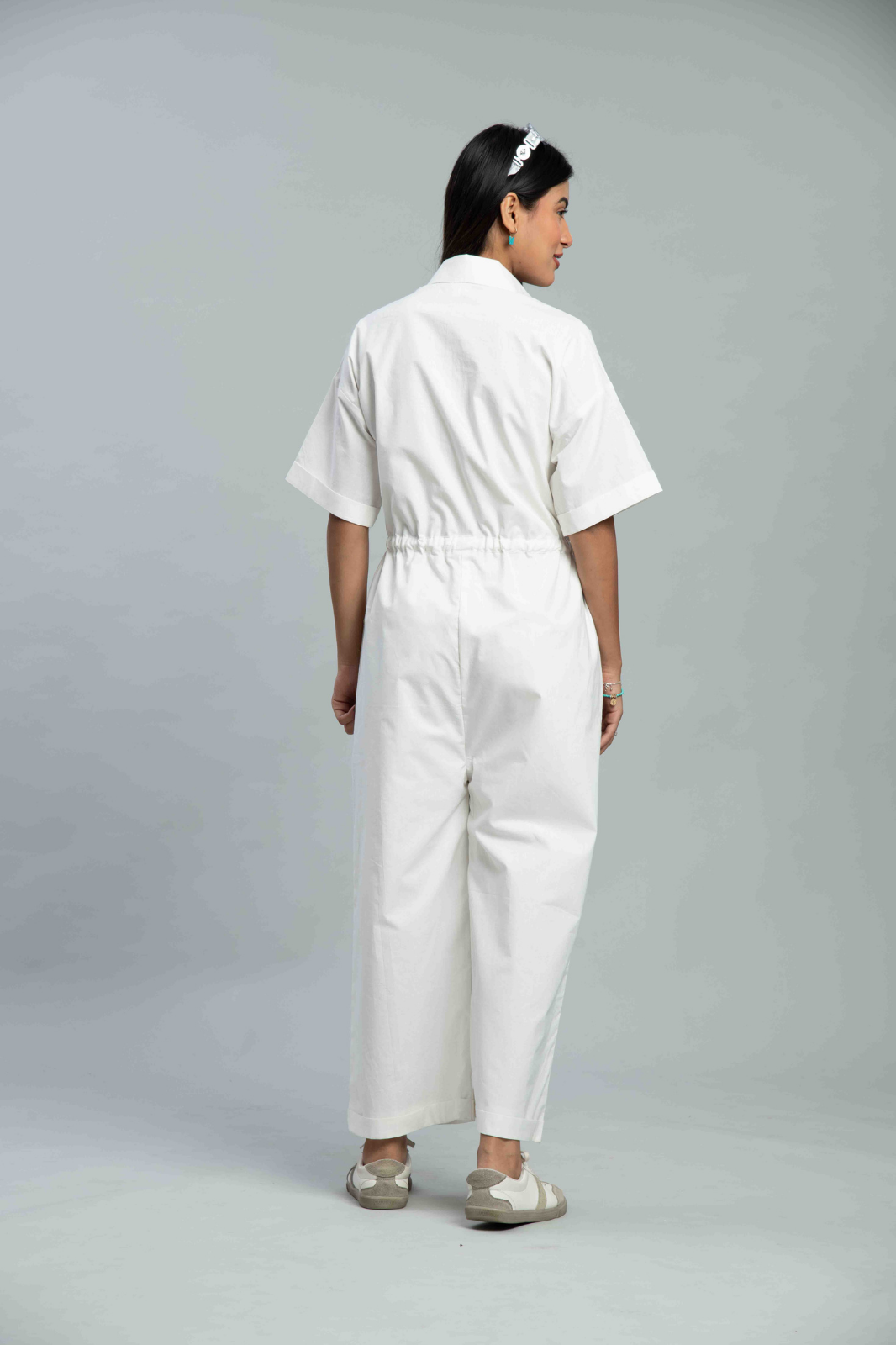 White Cotton Poplin Drawstring Waist Jumpsuit