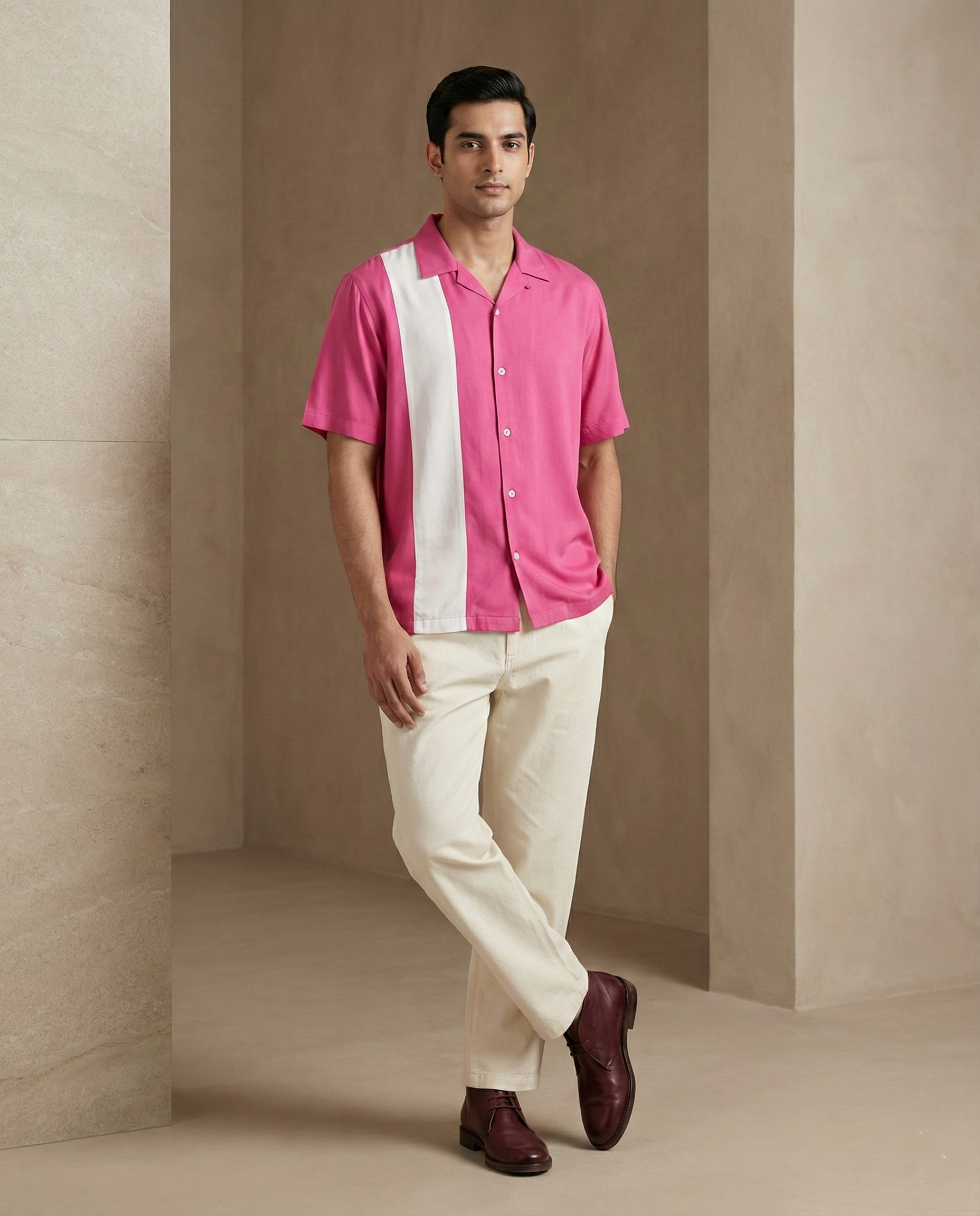 Pink Off White Contrast Farshi and Shirt Matching Couple Set