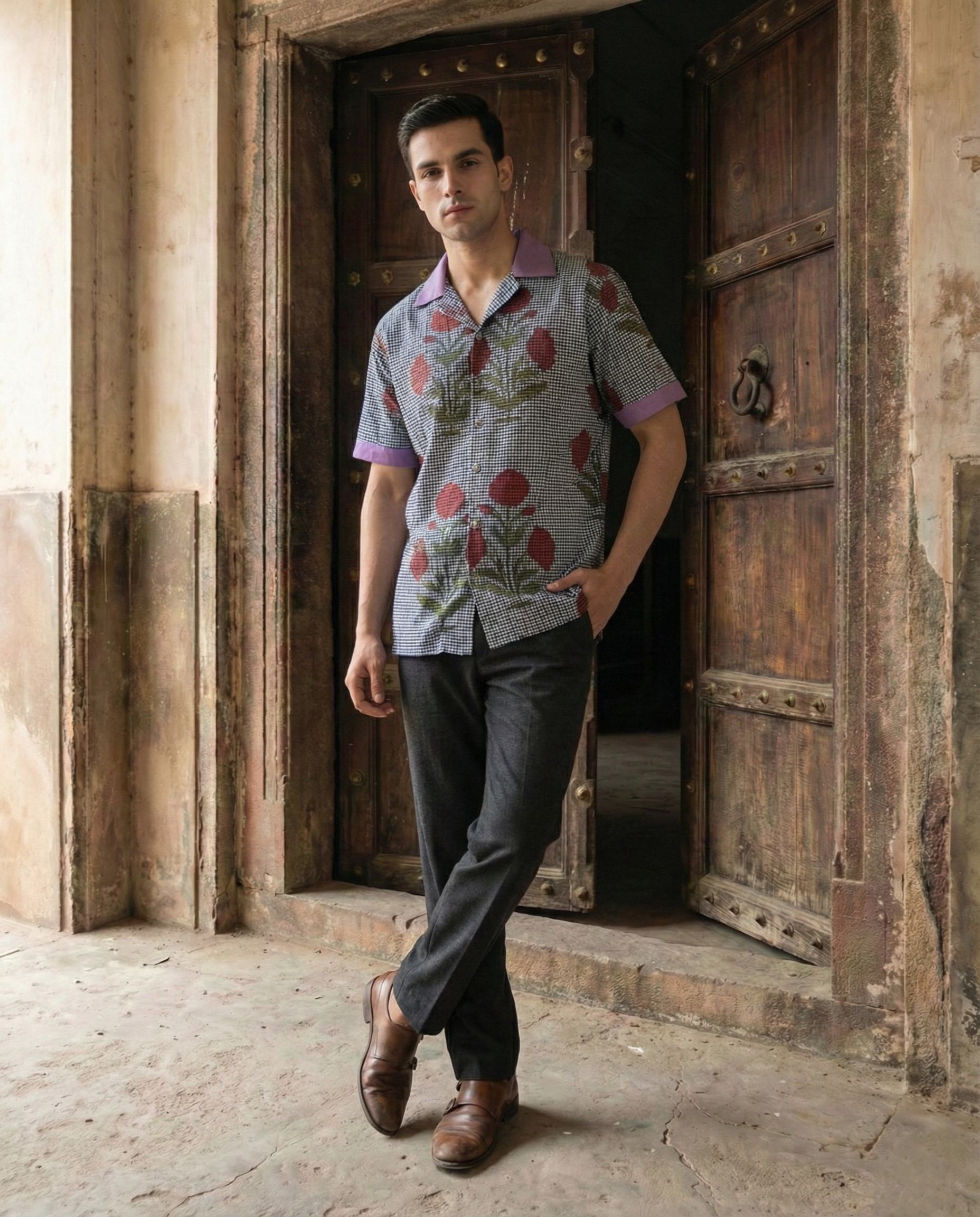 Blue Floral Contrast Collar Menʼs Shirt