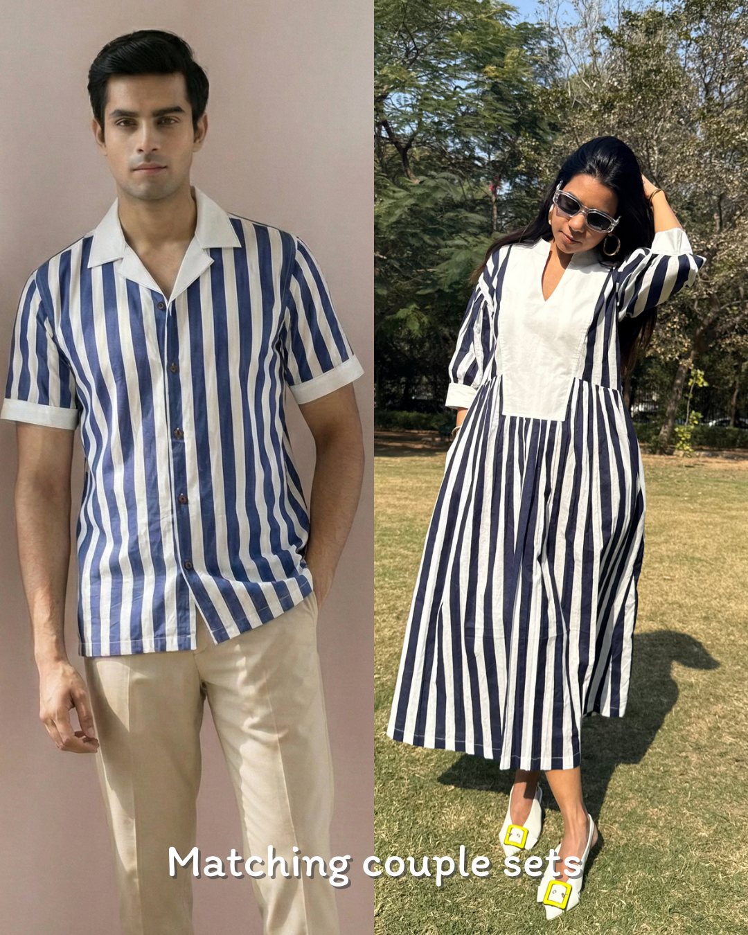 Blue White Bold Stripe Matching Couple Set