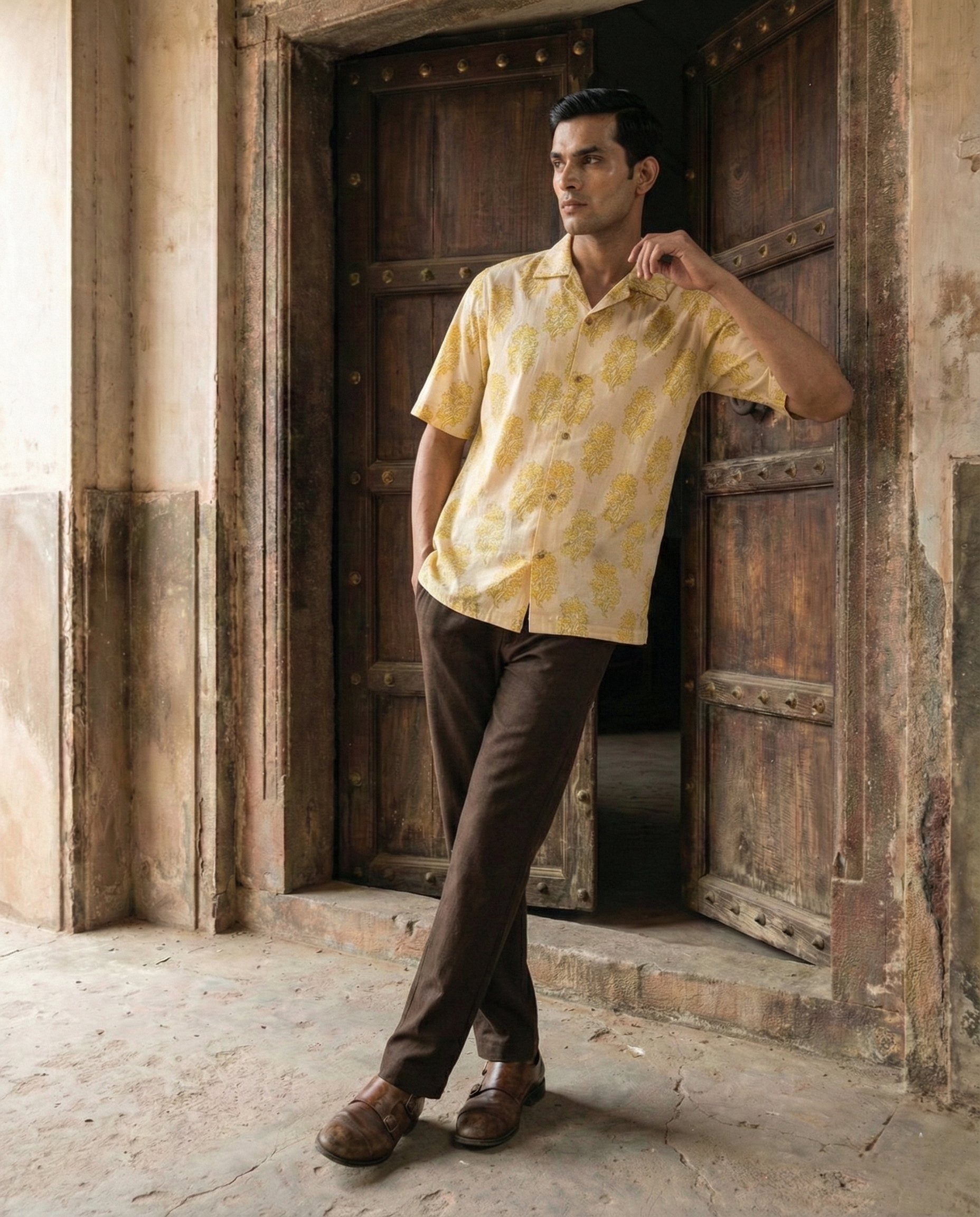 White and Yellow Handblock Menʼs Shirt