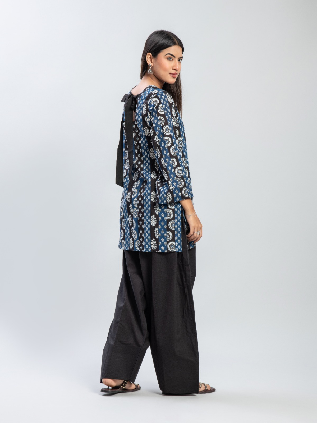 Indigo Ajrakh Print Kurti & Black Farshi Salwar Set